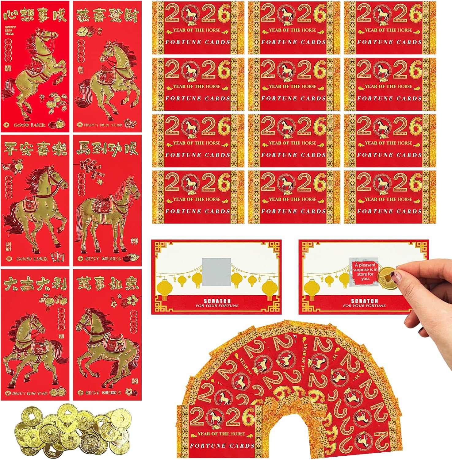 90 Sets Chinese New Year Fortune Cards with Red Envelops Scratch Coins - Years of The Horse Gifts Lunar New Year Scratch Cards Fortune for 2026 News Years Party Games Party Favors