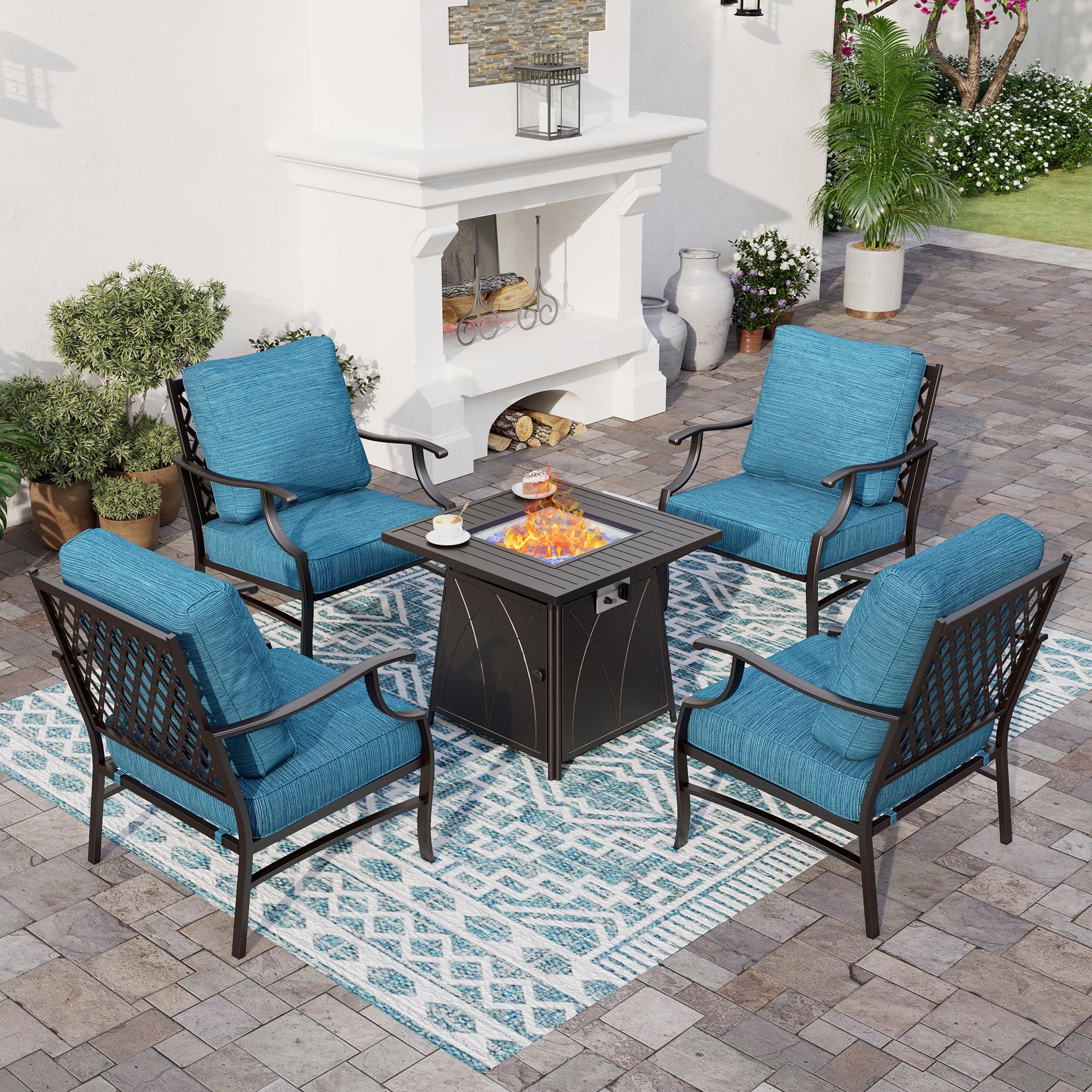 SUNSHINE VALLEY patio set with four chairs around a fire pit table