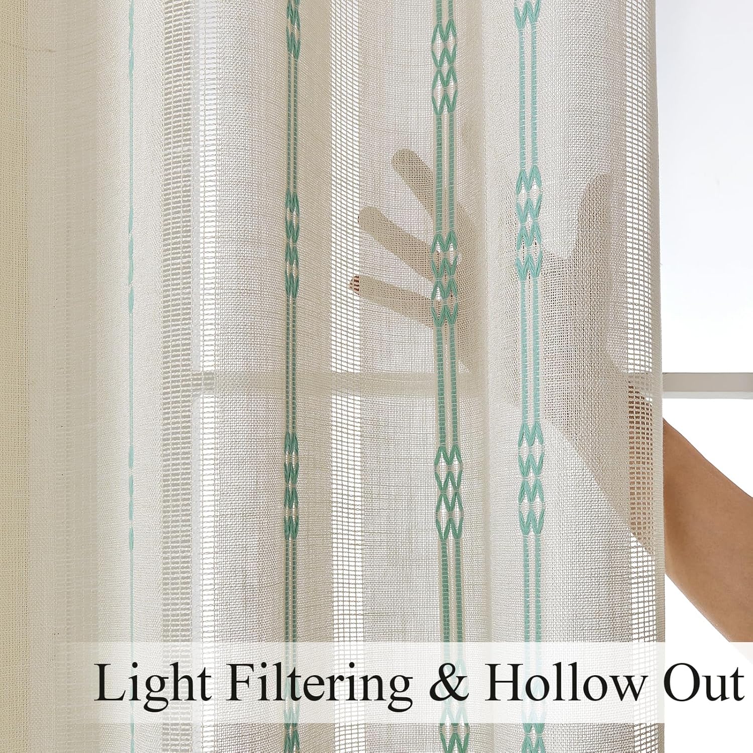 Estelar Textiler Beige Linen Curtains 108 Inch Length 2 Panels for Living Room, Boho Farmhouse Embroidered Curtains for Bedroom, Light Filtering Grommet Semi Sheer Drapes for Sliding Door, 52Wx108L
