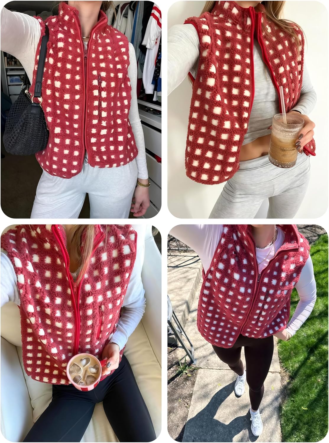 PUWEI Women's Checkered Sherpa Vest Sleeveless Zip Up Fleece Top Crochet Plaid Sherpa Collared Vest with Pocket - Image 6