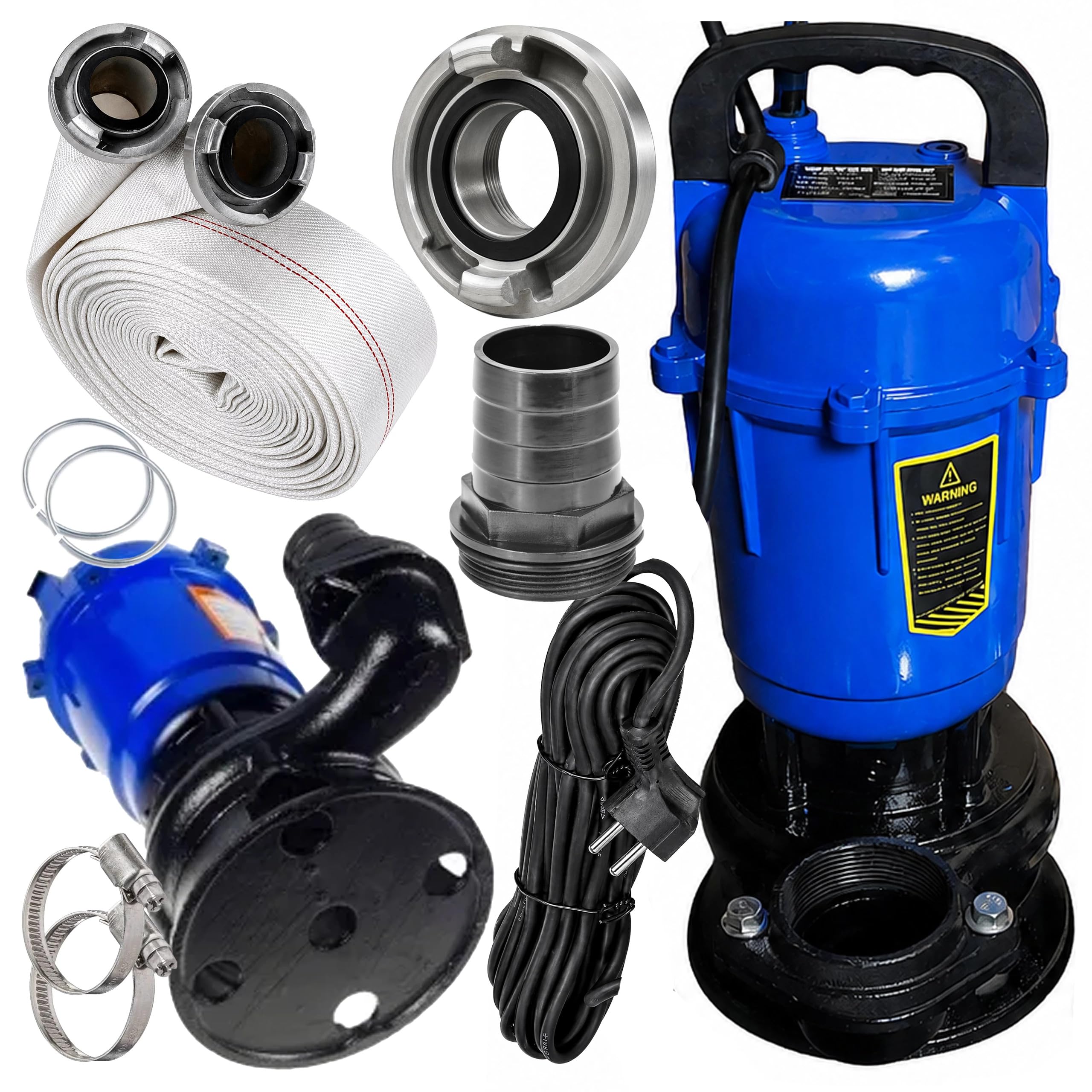 Bomba sumergible con trituradora de 750 W + manguera de incendio 2 '' 30 M | 18 m³/h Caudal Max, cable de 10 m incluido, carcasa de hierro fundido, conector rápido fijo, IPX8 protección