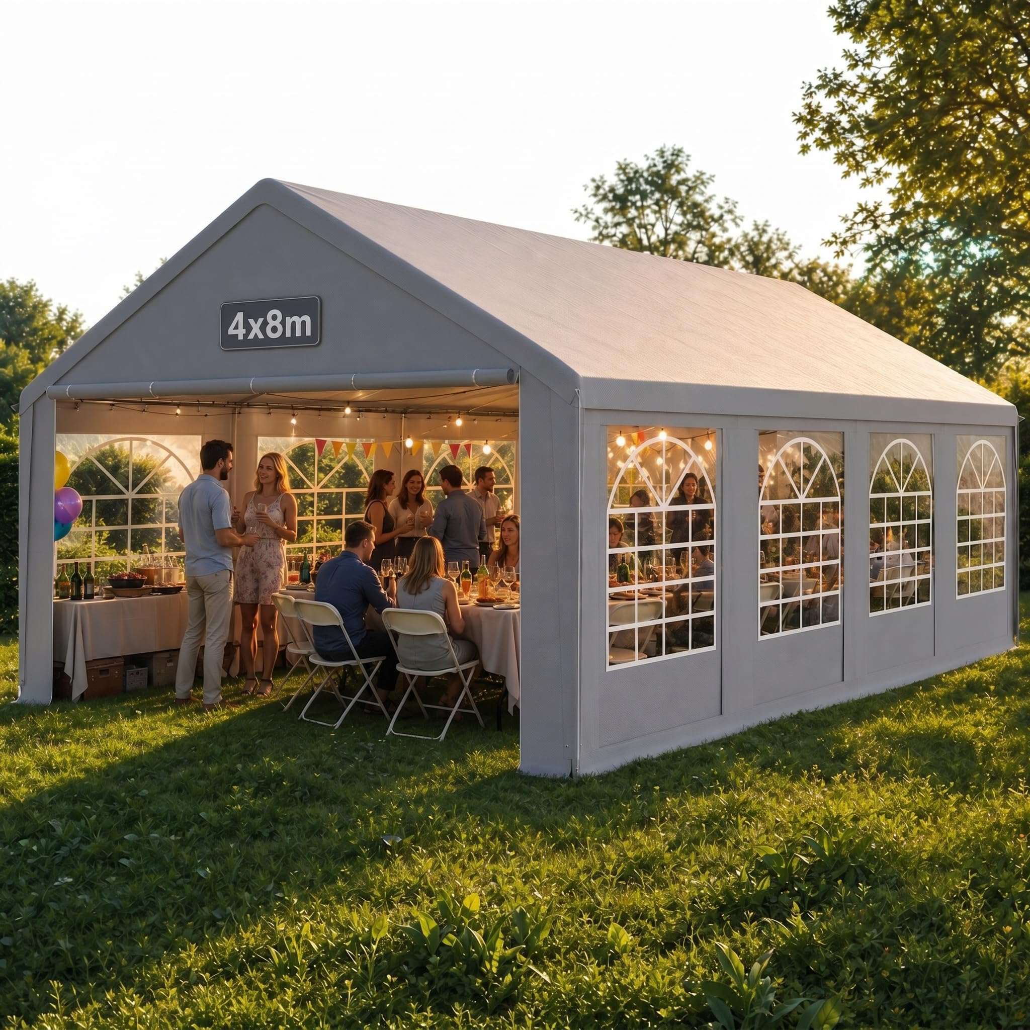 Partyzelt 4x8 m Wasserdicht UV-Schutz, Stabiler Garten Pavillon mit Seitenteilen und Fenstern, Winterfest PE-Plane Festzelt für Hochzeit Feier Außenbereich Grau