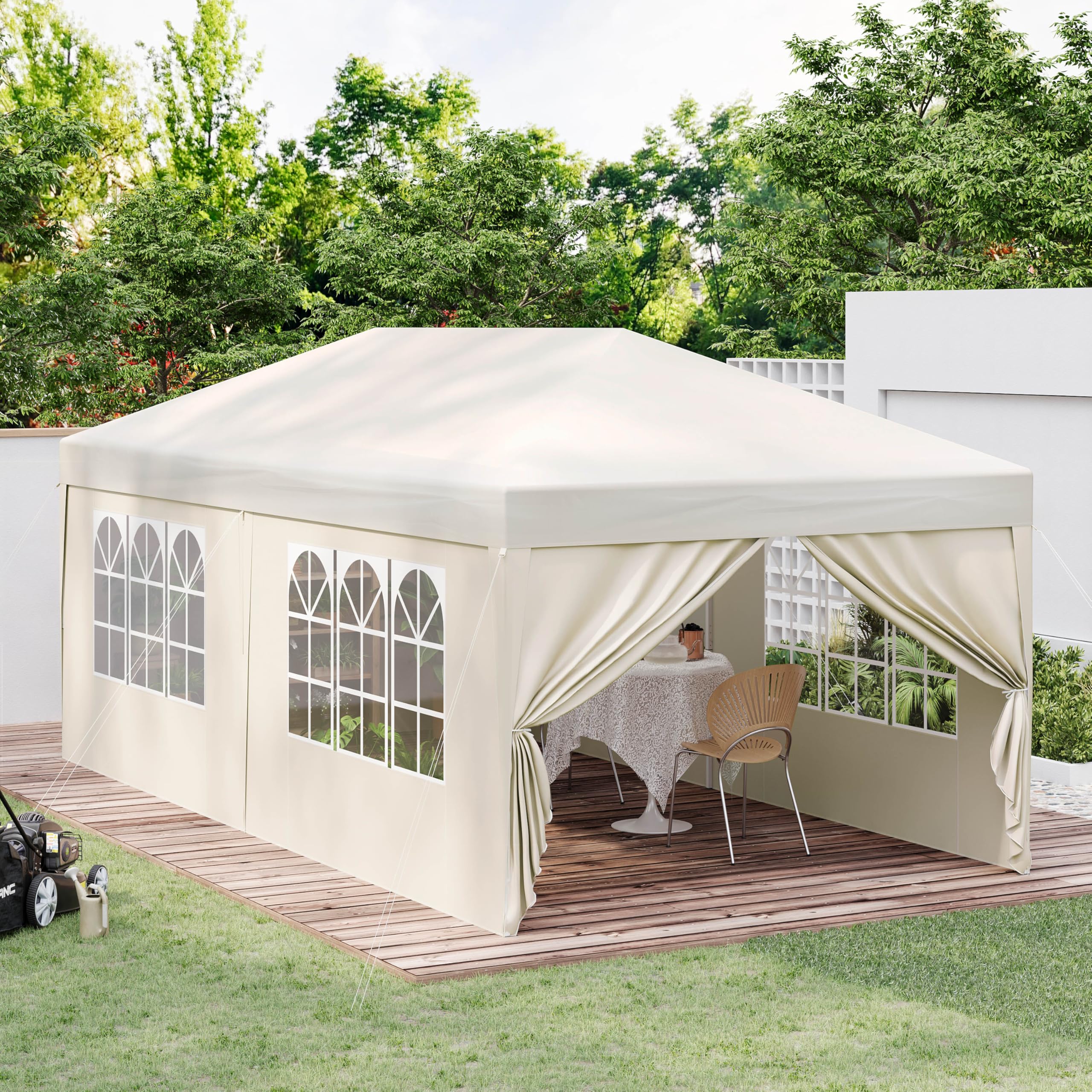 Laneetal Tonnelle de Jardin Pliante 3x6m, Tente de Réception Pop-up, Pavillon en Métal, avec 6 Parois Latérales et 4 Fenêtres, pour Camping Fête Plage, Beige