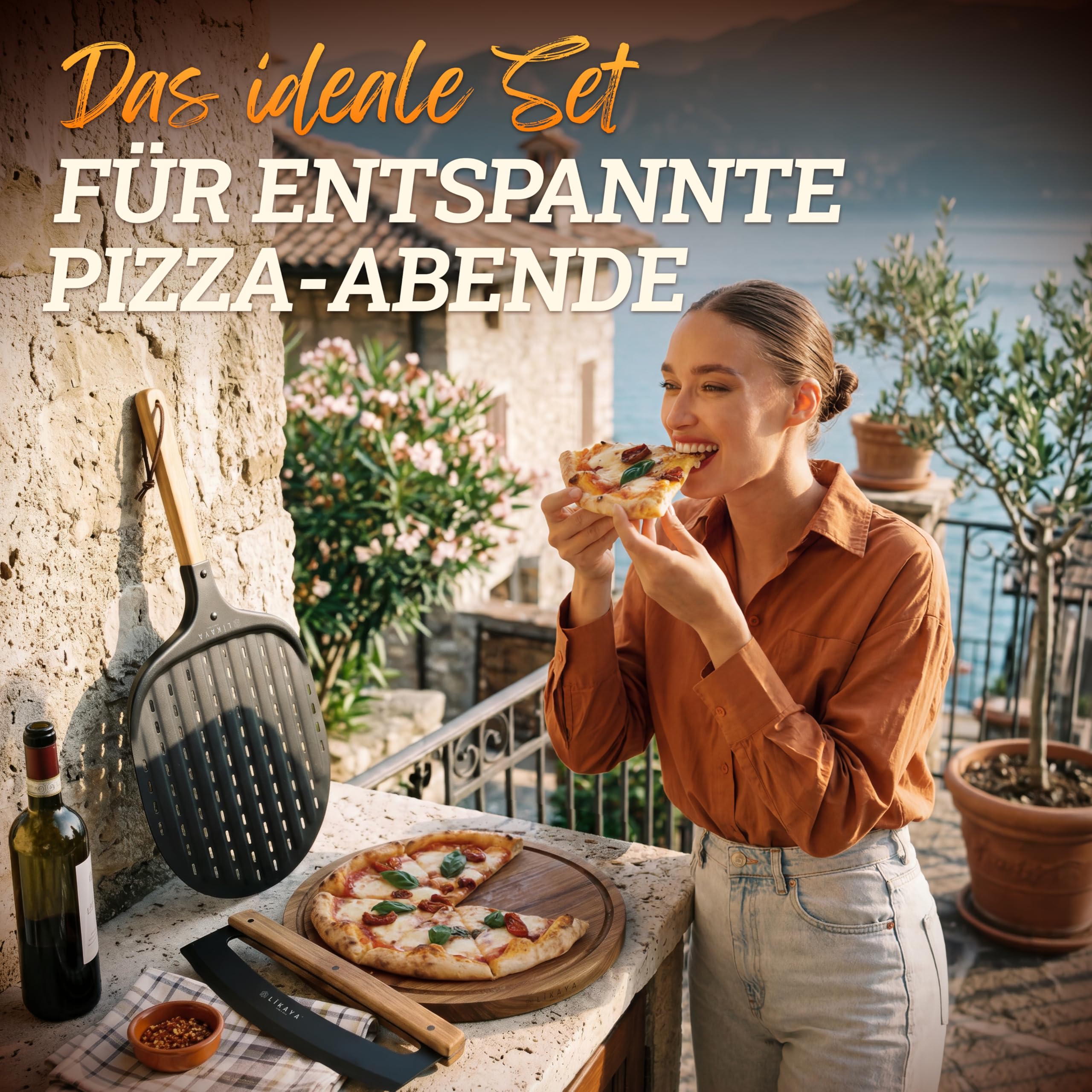 LIKAYA Pizzaiolo Set d'accessoires à pizza professionnel avec pelle à pizza 32 x 62 cm, planche à pizza 35 cm et couteau à pizza 36 cm – Pelle à pizza, couteau à pizza et planche à pizza en bois