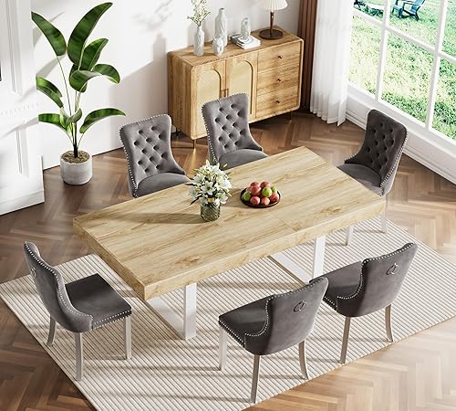 Miniatura 50 de Juego de mesa de comedor extensible marrón de 63 a 78.74 pulgadas para 6, juego de mesa de comedor de 7 piezas con 6 sillas tapizadas, mesa de Mesa