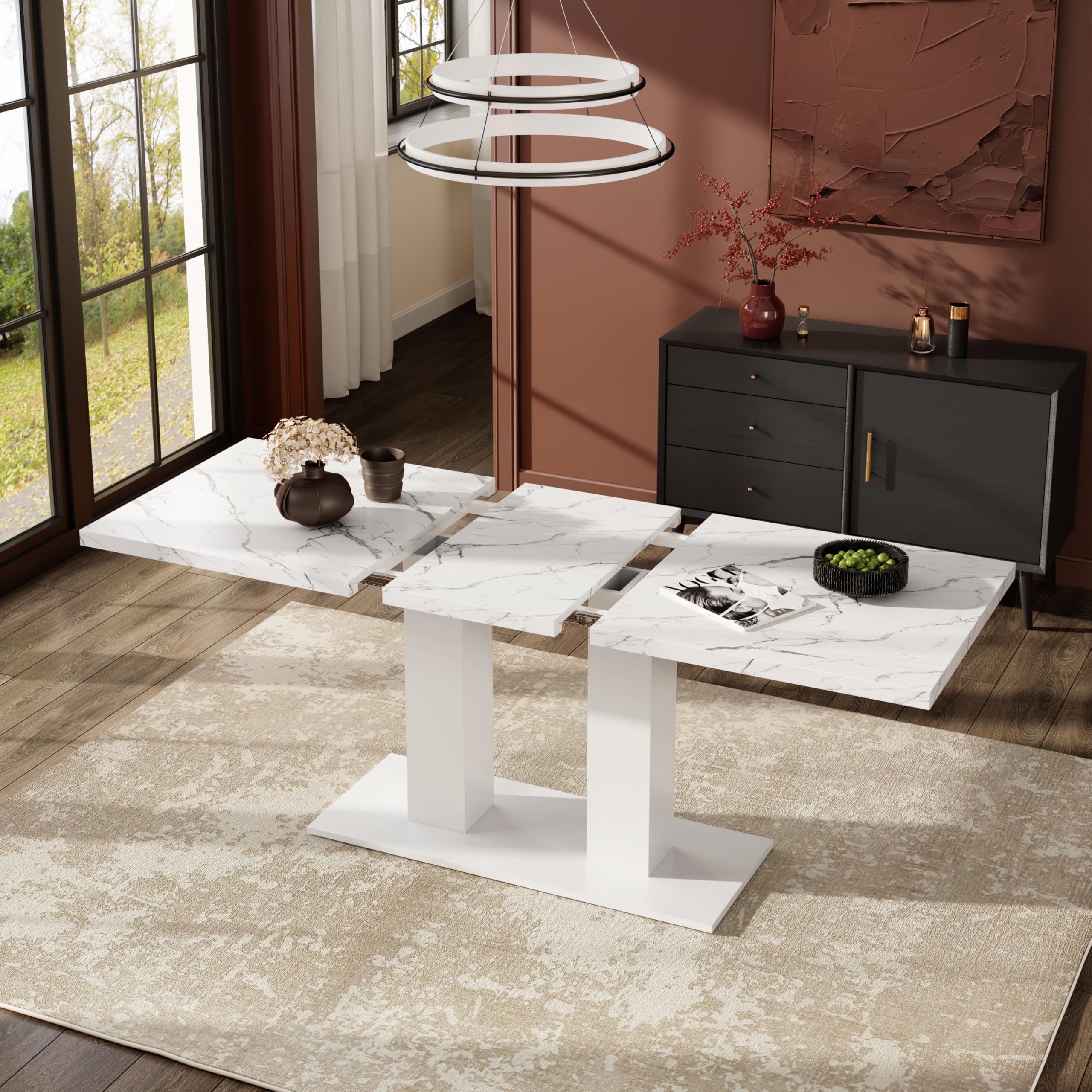 Wiuzo Tavolo da Pranzo Allungabile, 140/180x70 cm, adatto per 6-8 persone, forma rettangolare, piano del tavolo rinforzato, stile semplice, tavolo per sala da pranzo, cucina, soggiorno, bianco