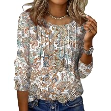 Zeagoo 3/4 Length Sleeve Womens Tops Round Neck Casual Summer Tunic Tops Basic Tees Blouses Dressy T-Shirts Pleated Shirts