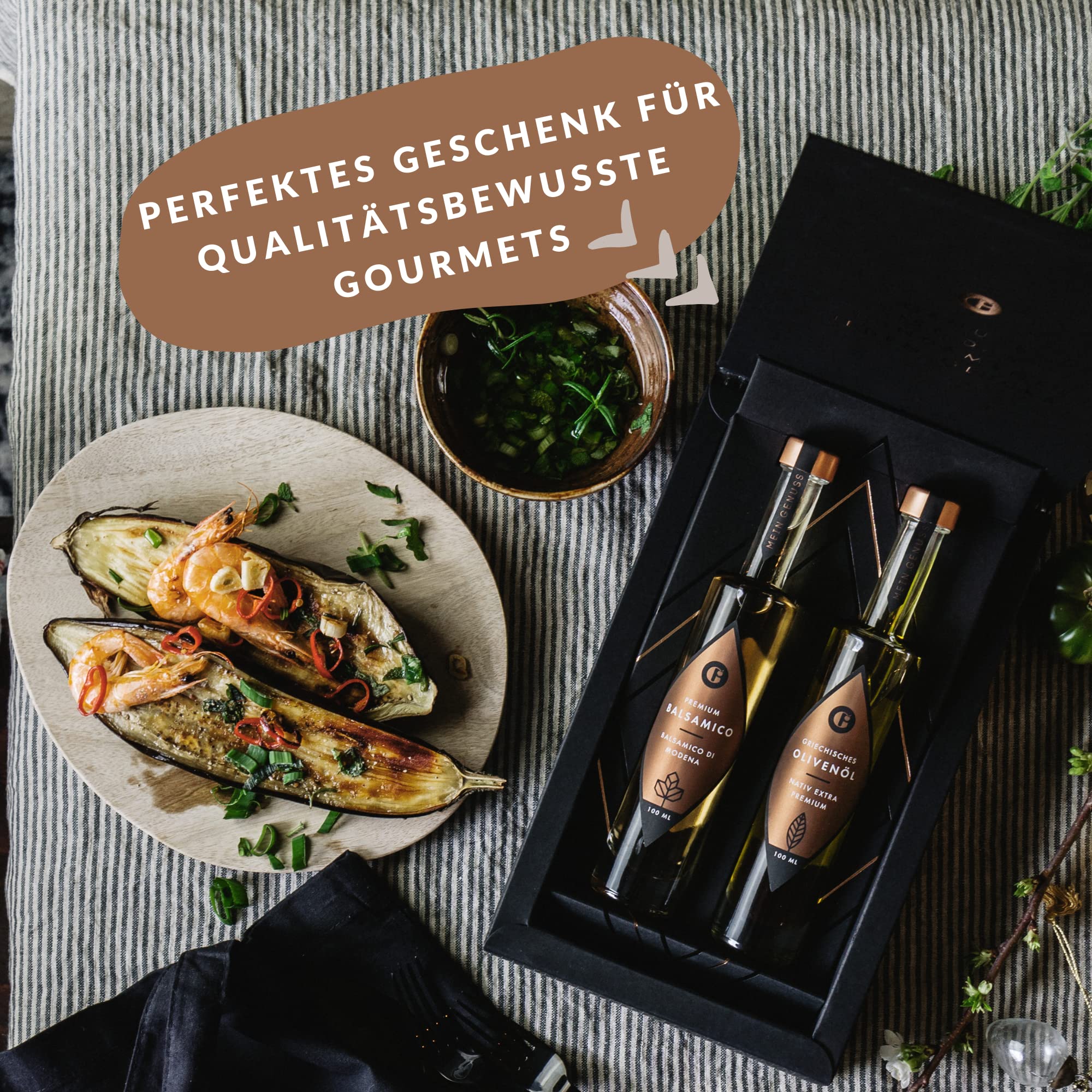 MEIN GENUSS Olivenöl & Balsamico Essig Geschenkset – Griechisches Olivenöl nativ extra – Weißer Balsamico Erste Güteklasse - Feinkost Geschenkbox – 2x 100 ml - Premium Geschenkverpackung