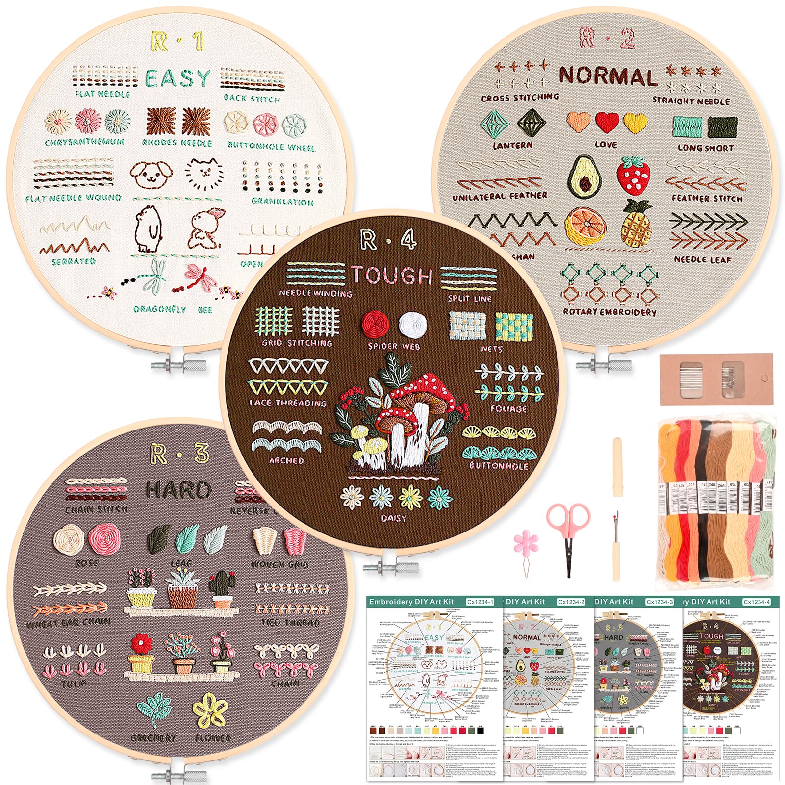 Kit Completo De Bordado Para Principiantes - 4 Diseños Florales, Incluye Bastidores, Hilos, Agujas E Instrucciones, Ideal Para Manualidades DIY