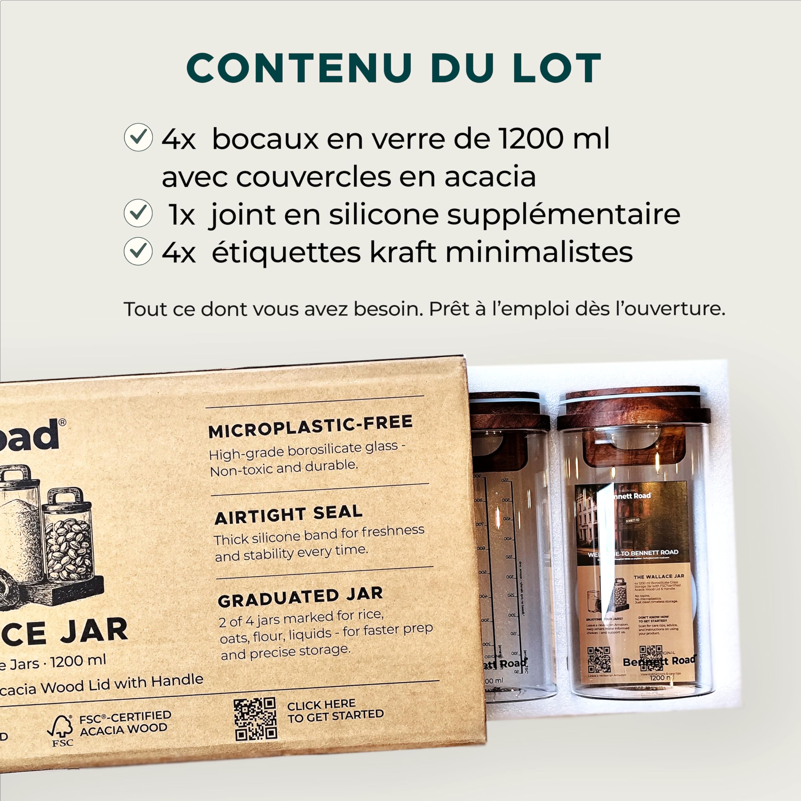 Glass Storage Containers, 4-Pack, 1.2L | Avec couvercles en bois d’acacia, idéales pour céréales, farine, riz, café et fruits secs, tout en gardant la fraîcheur
