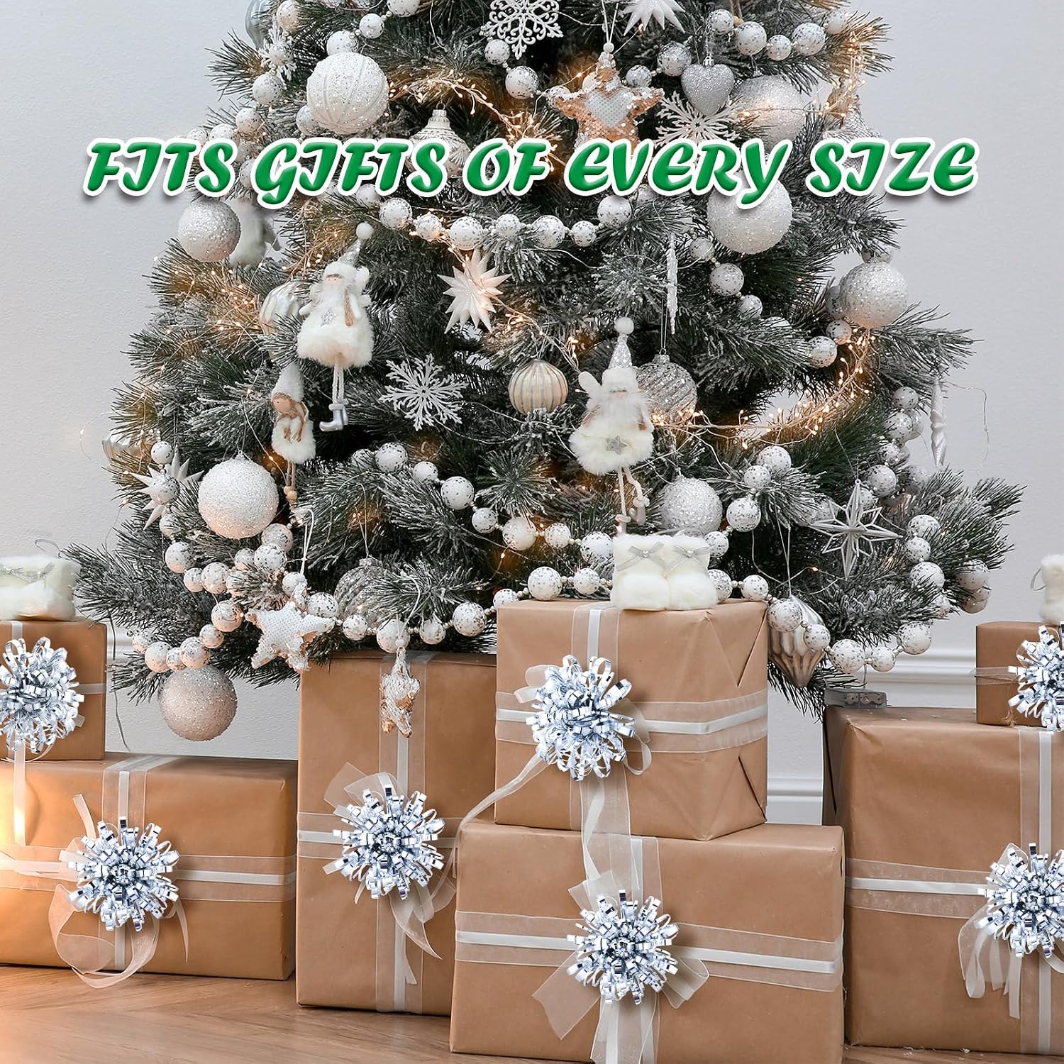 Yunlly 40 Pcs 4 Inch Christmas Tinsel Bows for Gift Wrapping Bulk Self Adhesive Gift Wrap Bows Toppers for Present Holiday Christmas Birthday Party Decoration Accessory(Silver)