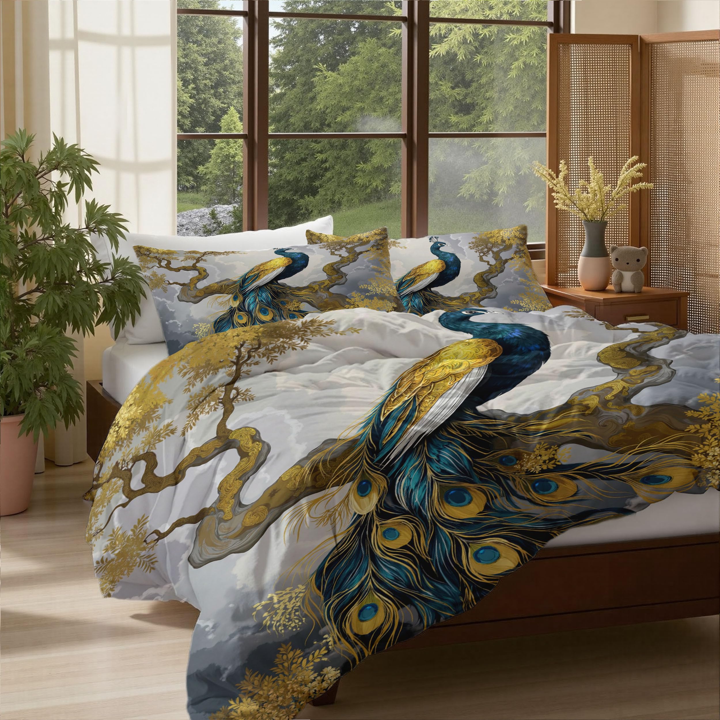 Housse de couette 200x200 motif paon or pour des nuits douces et un sommeil serein