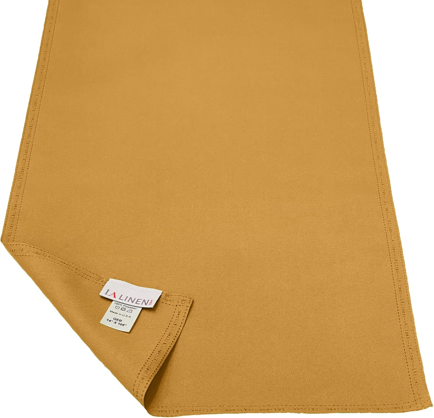 LA Linen Table Runner Faux Raw Silk Fabric Runner, QEB Laser Bonded Edge, Stain and Wrinkle Resistant Luxurious Cloth Table Runner for Dinning, Kitchen, Party, 14 by 108-Inch, Gold