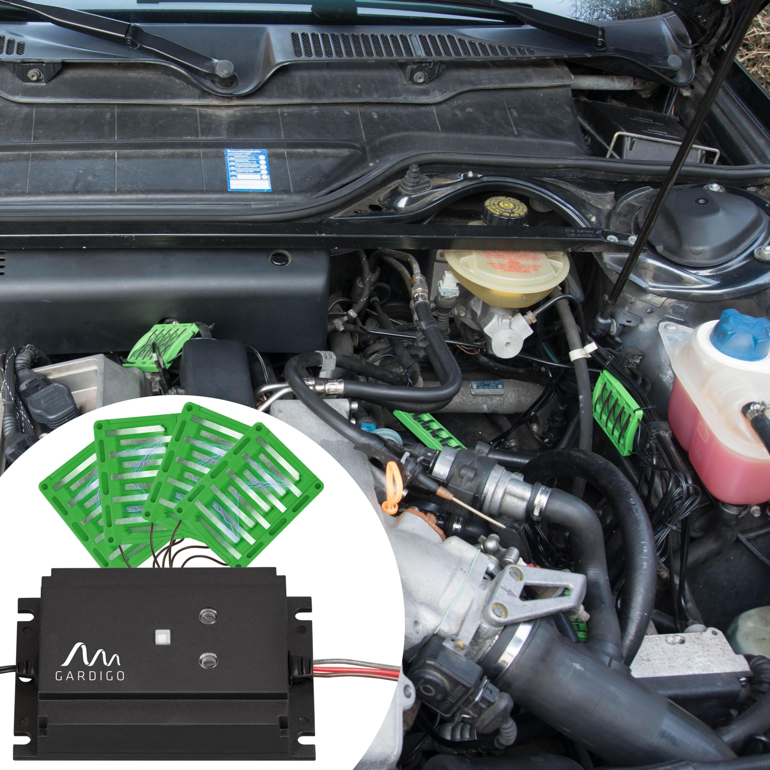 Gardigo® Repellente per Martore Auto con Scossa Elettrica, Tripla Protezione con Ultrasuoni, Luce Flash e Scossa Elettrica, Scaccia Roditori, Donnole, Martore, Procioni dal Vano Motore 400V | 12-24kHz