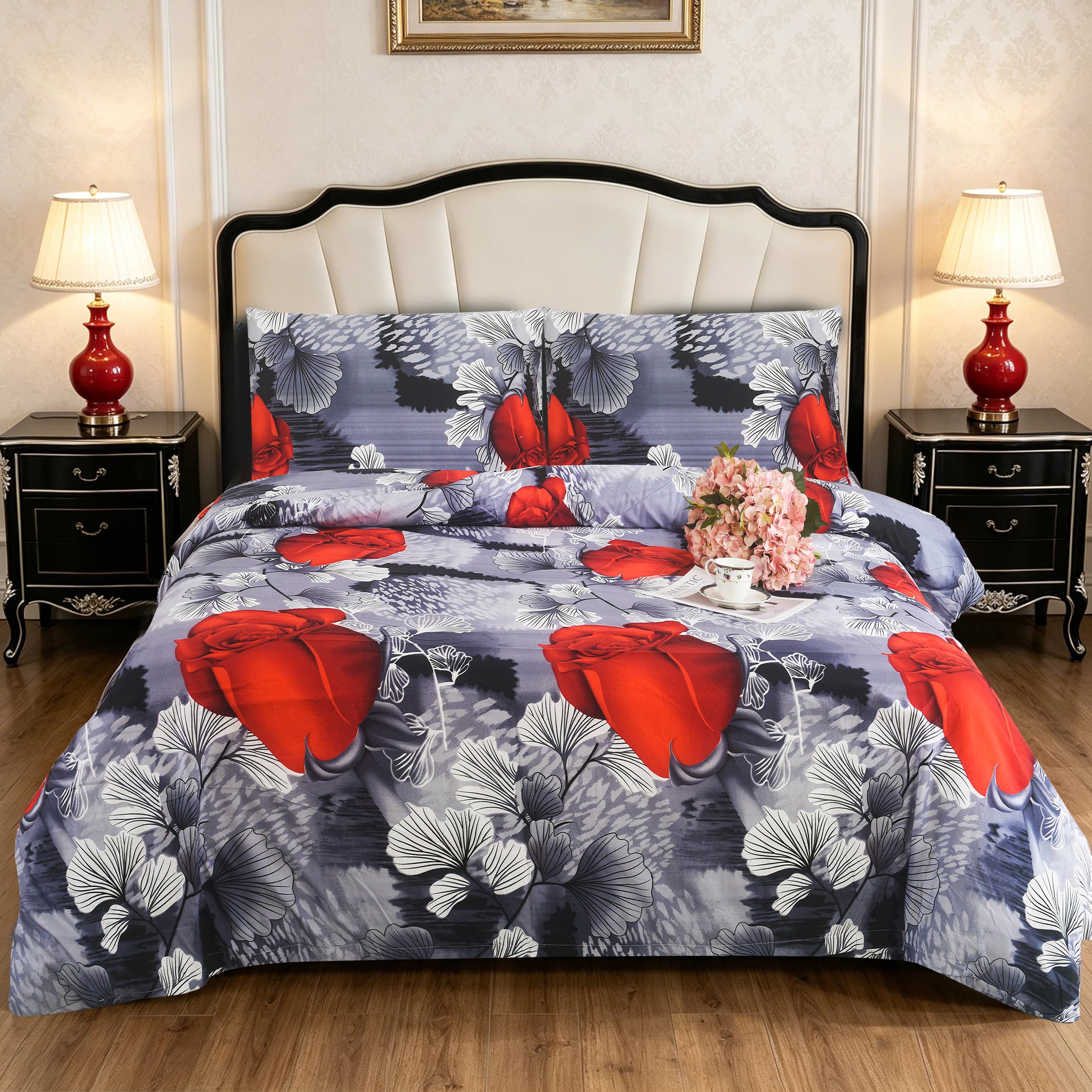 CHARKHAH 3 Piece Reversible Floral Single Duvet Cover Set with 1 Pillowcases, Soft Microfibre Printed Quilt Cover Bedding, Easy Care All Seasons