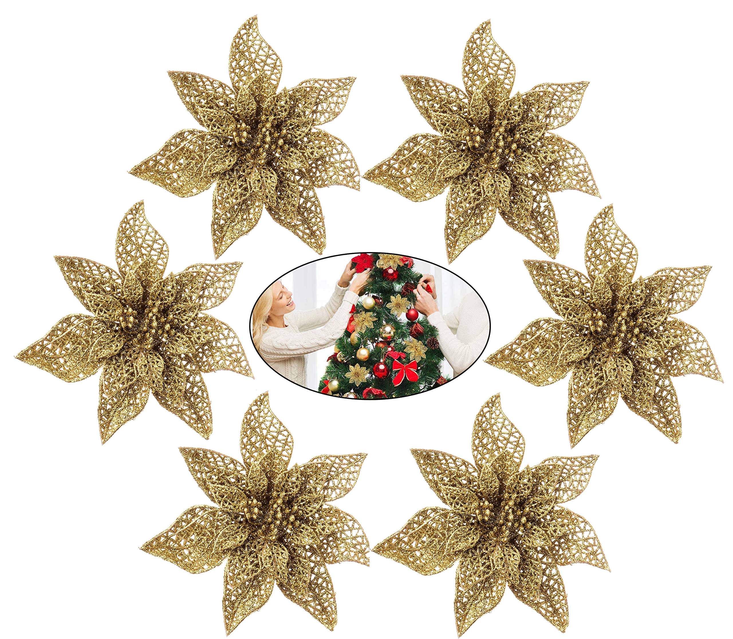 Hovuk Gold 6Pcs Artificial Poinsettia Glitter Flowers 15Cm - Ideal For Christmas Tree Decorations And Christmas Tree Flowers Clip For Wedding (Gold)