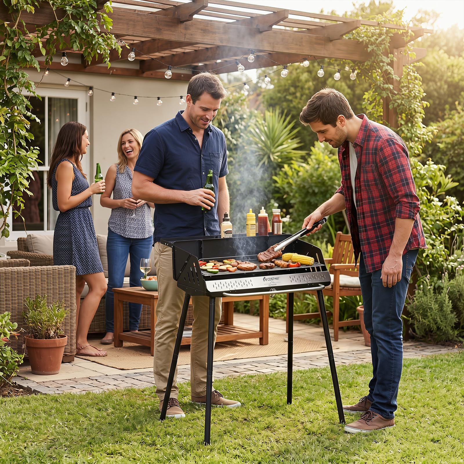 COSTWAY Barbecue Carbonella, Barbecue Pieghevole con Griglia Regolabile in Altezza, Paravento Laterali, Gambe Smontabili, Pinza per Carbone e Borsa Portatile per Campeggio e Picnic