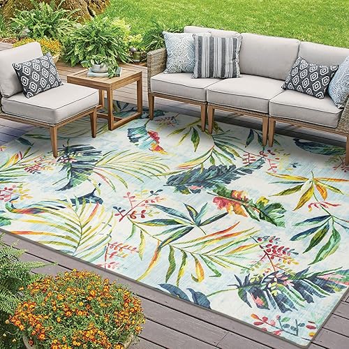 Fashriend Jardin - Alfombras para exteriores, 7 pies 6 pulgadas x 9 pies 6 pulgadas, hojas florales para patio, porche, patio, vestíbulo, balcón,