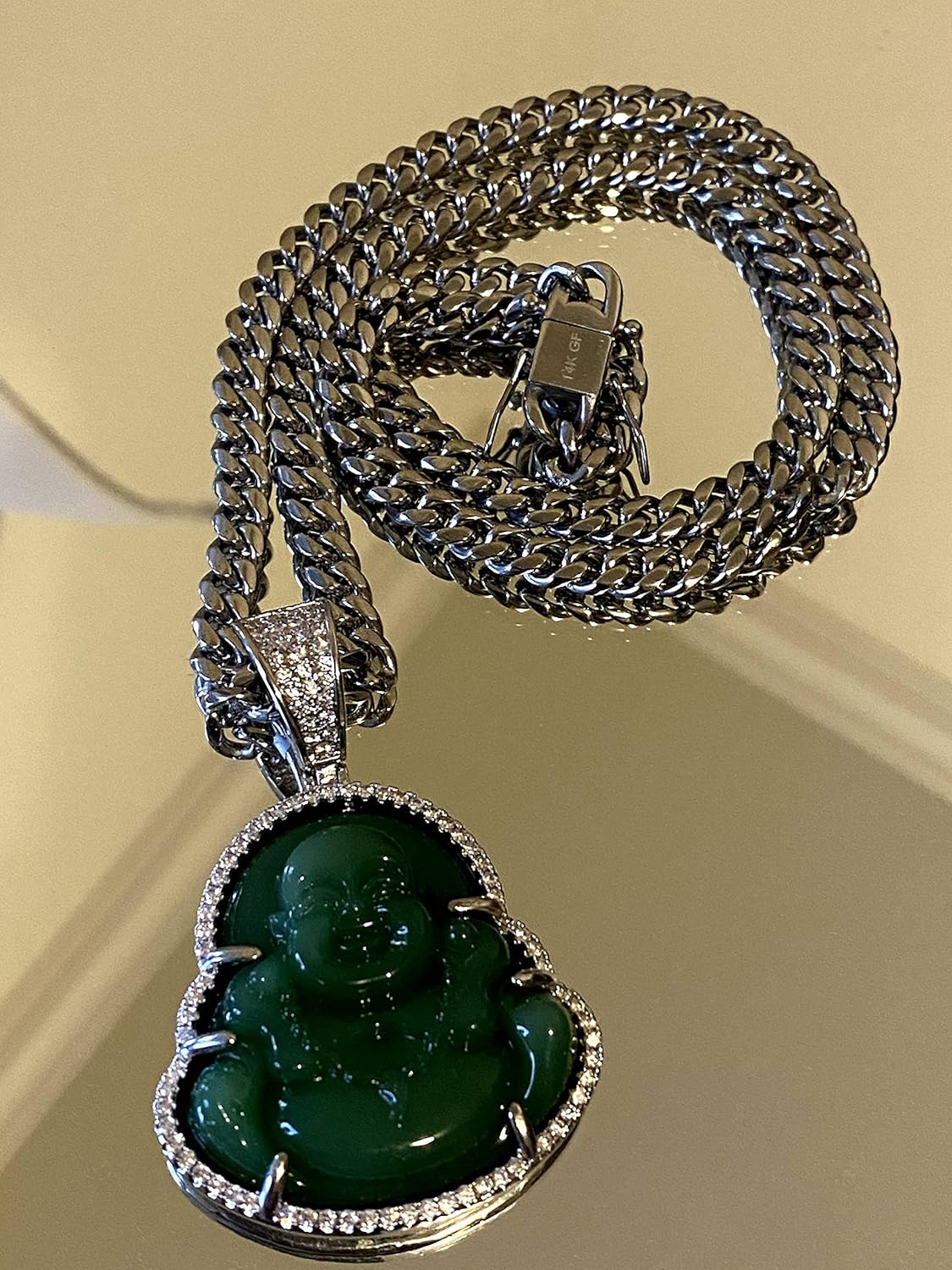 Smiling Happy Iced Laughing Buddha Green Jade Pendant Necklace Miami Cuban Chain Cz Box Lock, Genuine Certified Grade A Jadeite Jade Hand Crafted, Silver Jade Medallion 6mm 20" Cuban Choker