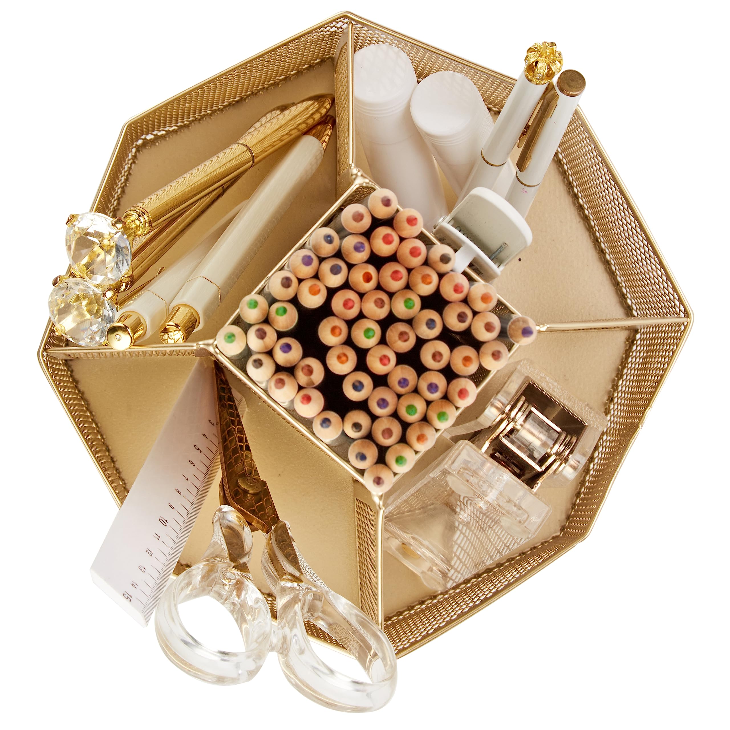 Annova Mesh Desk Organizer Rotate with 5 Compartments Spinning Tidy Candy/Pen Holder Office, Art Supply, Storage, Classroom - Image 4