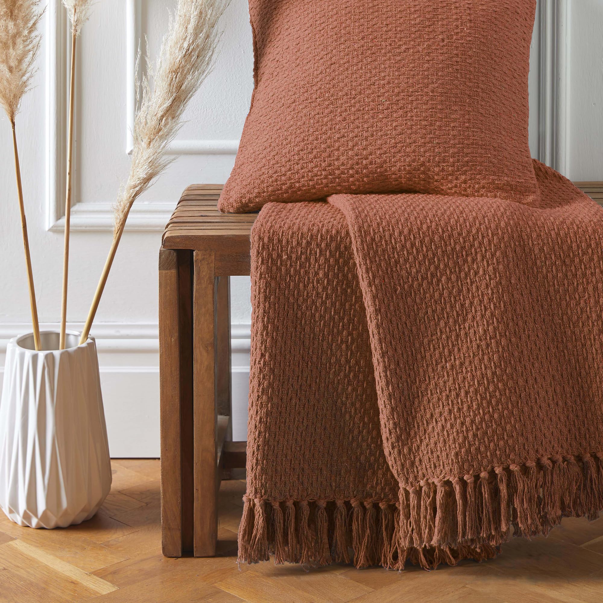Drift Home, Terracotta Throw Blanket With Tassel (180 x 130cm), Sustainable Recycled Cotton, Woven Basket Weave - Image 2