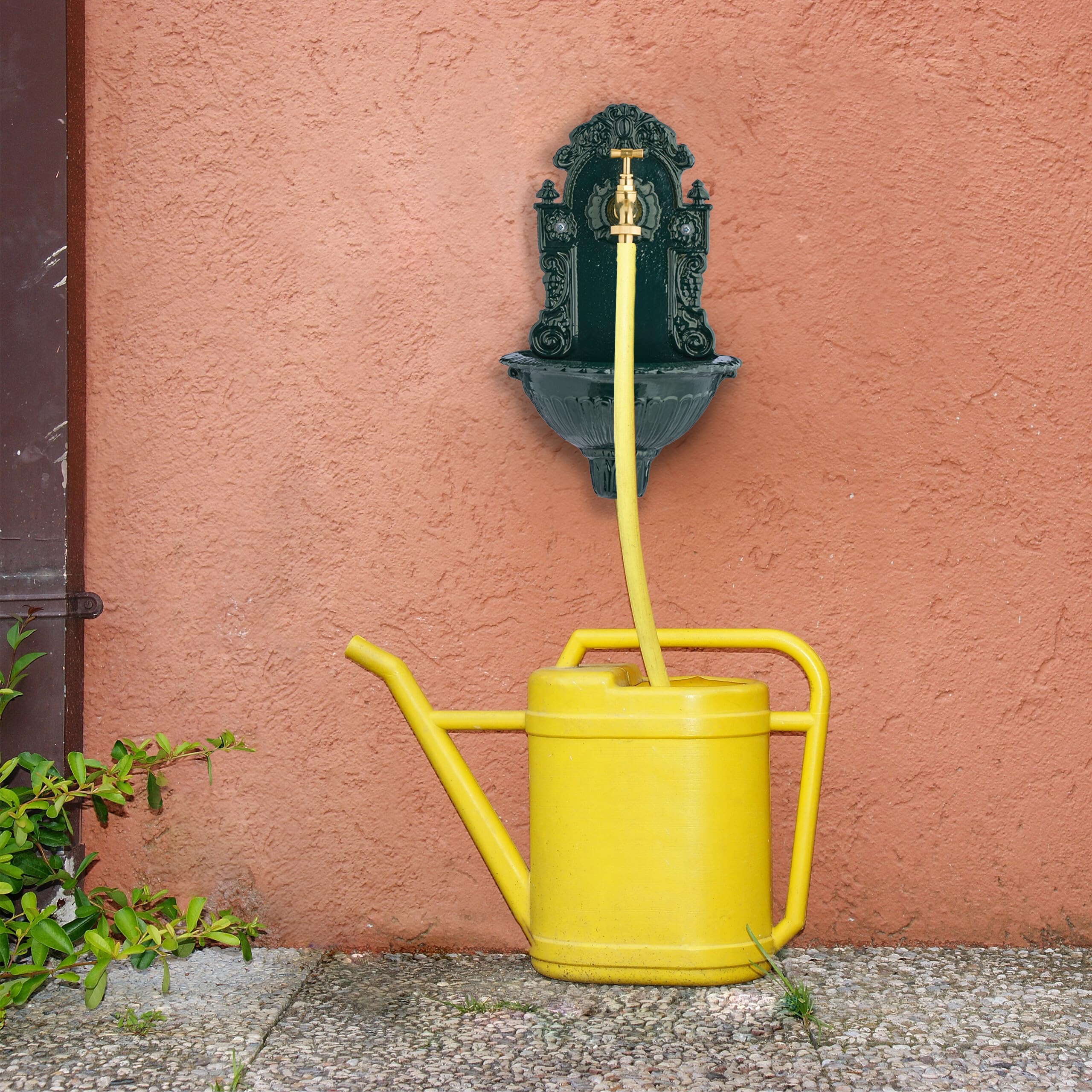 Relaxdays Fuente de Agua de Pared, con Grifo, Antigua, Bebedero Jardín, Aluminio Fundido, 40x24,5x15 cm, Verde/Dorado