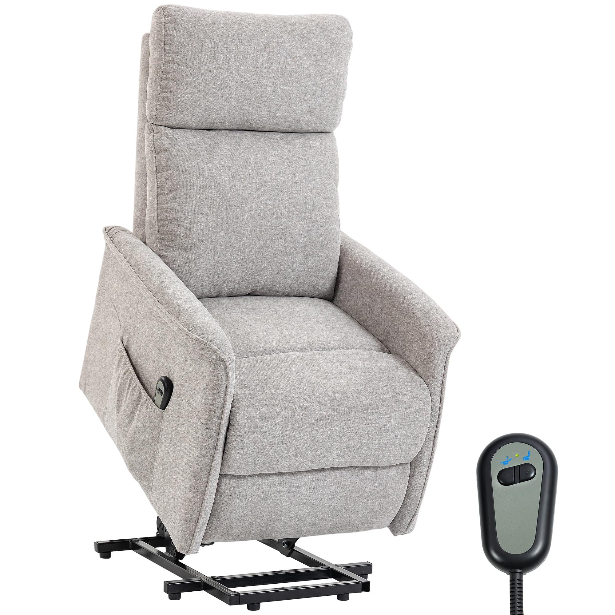 HOMCOM - Sillón elevador eléctrico, sillón relax eléctrico, respaldo reclinable, cojín con resortes, mando a distancia y bolsillos laterales, para ancianos, montaje fácil, gris claro