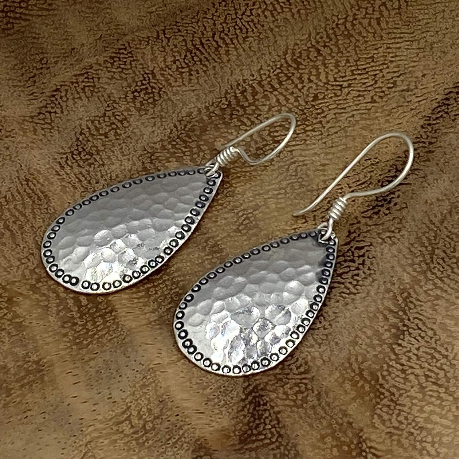Hammered Sterling Silver Handmade Drop shape Dangle Earrings, 1 7/8" long, Light-reflecting Shiny Hammered Textured, Gift for Her - Image 7