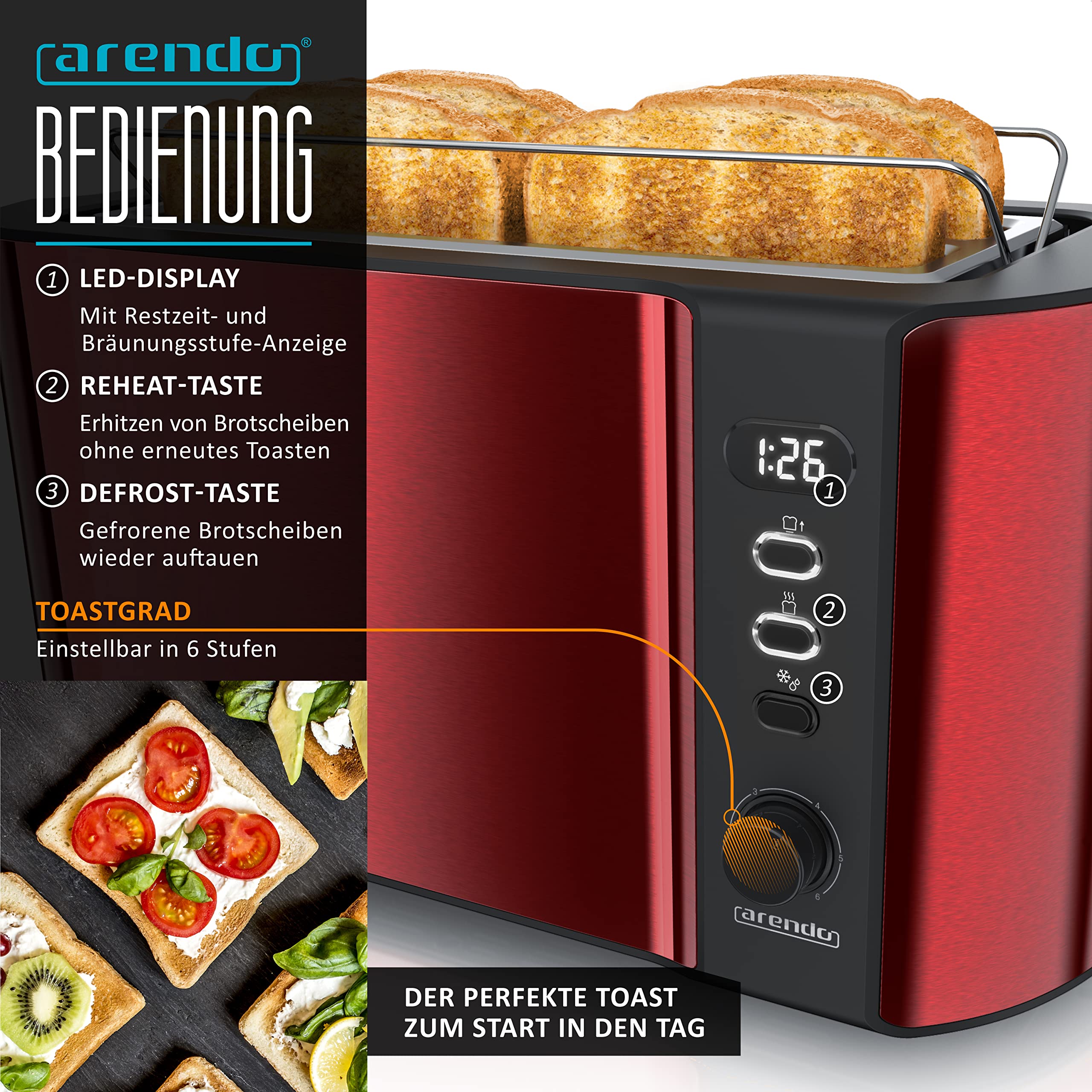 Arendo Wasserkocher Toaster Eierkocher Set Edelstahl Temperatureinstellung 4 Scheiben Langschlitz 1-6 Eier Küchenset Rot