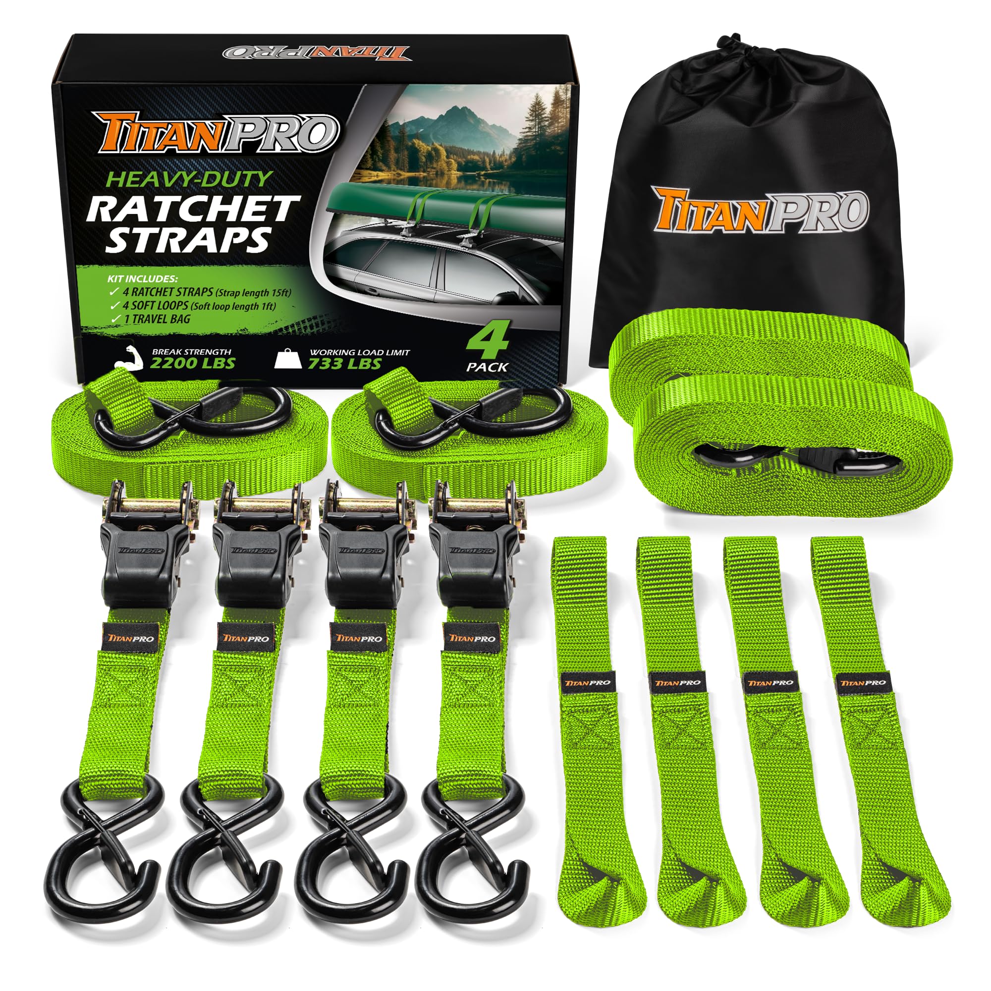 TitanPro - 4 Correas de Amarre de trinquete - Resistencia de Prueba de 1 kg - Sujetadores de trinquete 2,5 cm x 4,6 m con Asas Acolchadas | Correas de mudanza Resistentes