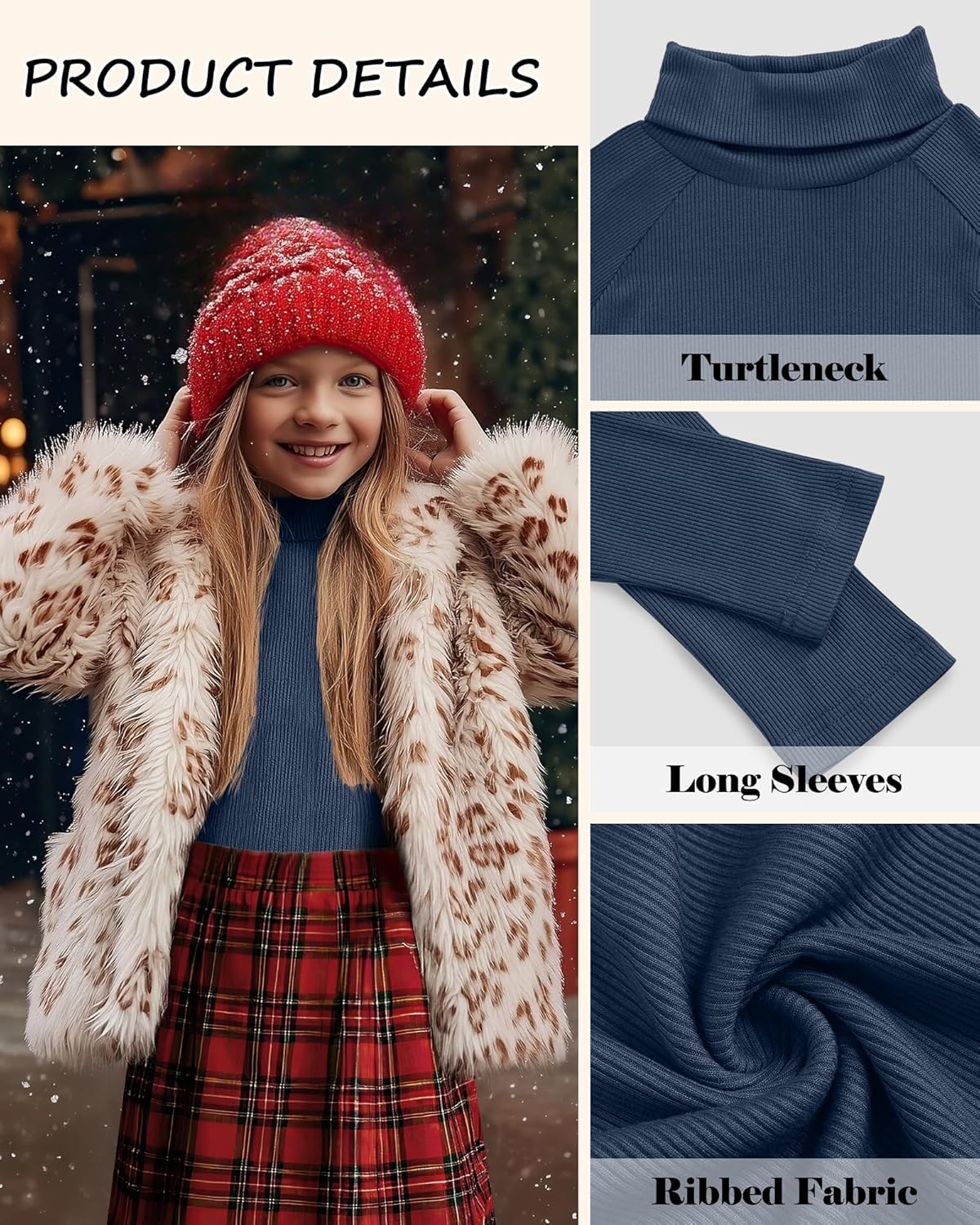 3 Pack Girls Turtleneck Long Sleeve Shirts Ribbed Knit Cotton Layer Tops Slim Fit Casual Undershirts 5-14 Years - Image 5