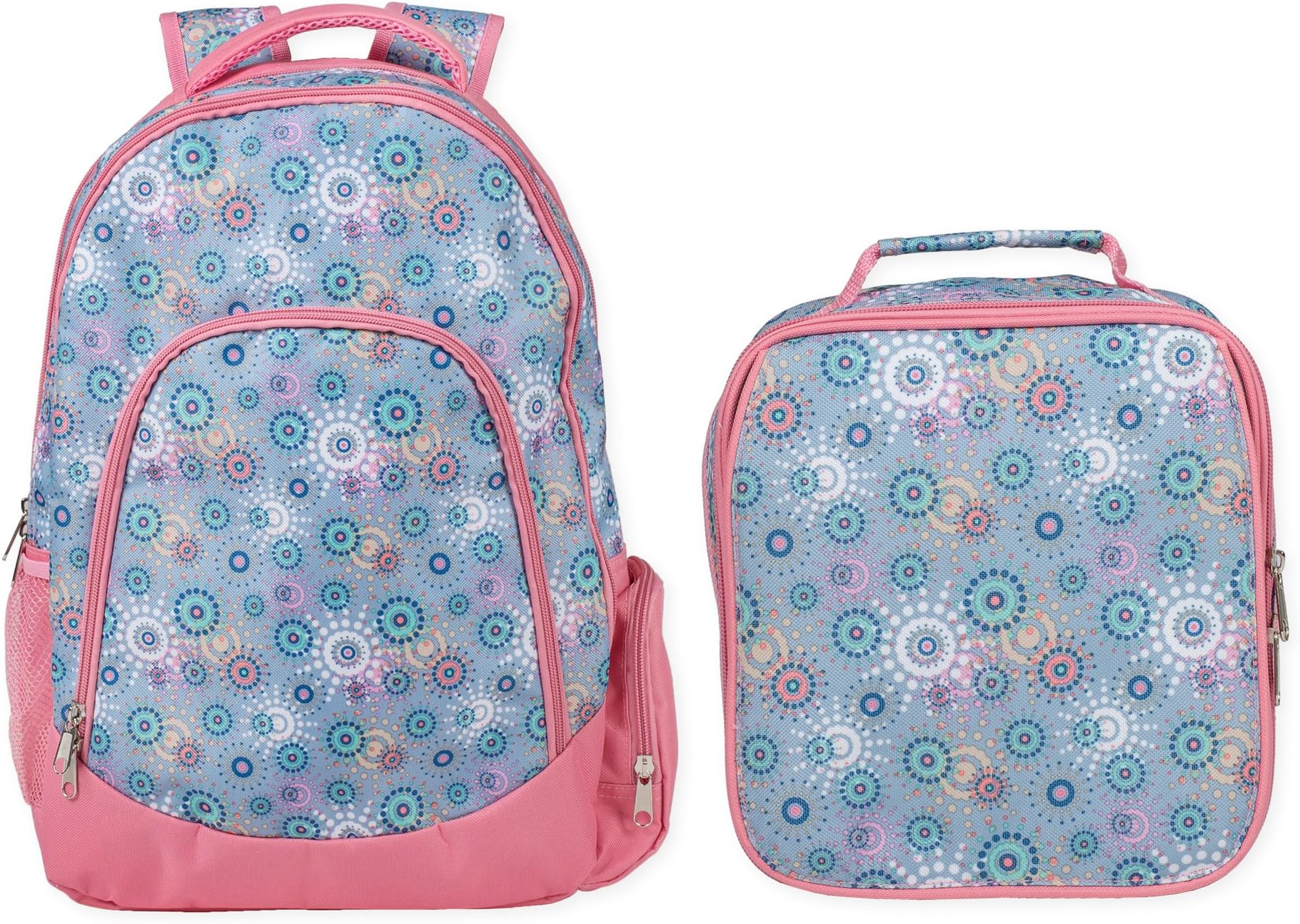 Reinforced Water Resistant School Backpack and Insulated Lunch Bag Set (1, Periwinkle Circle Dot)