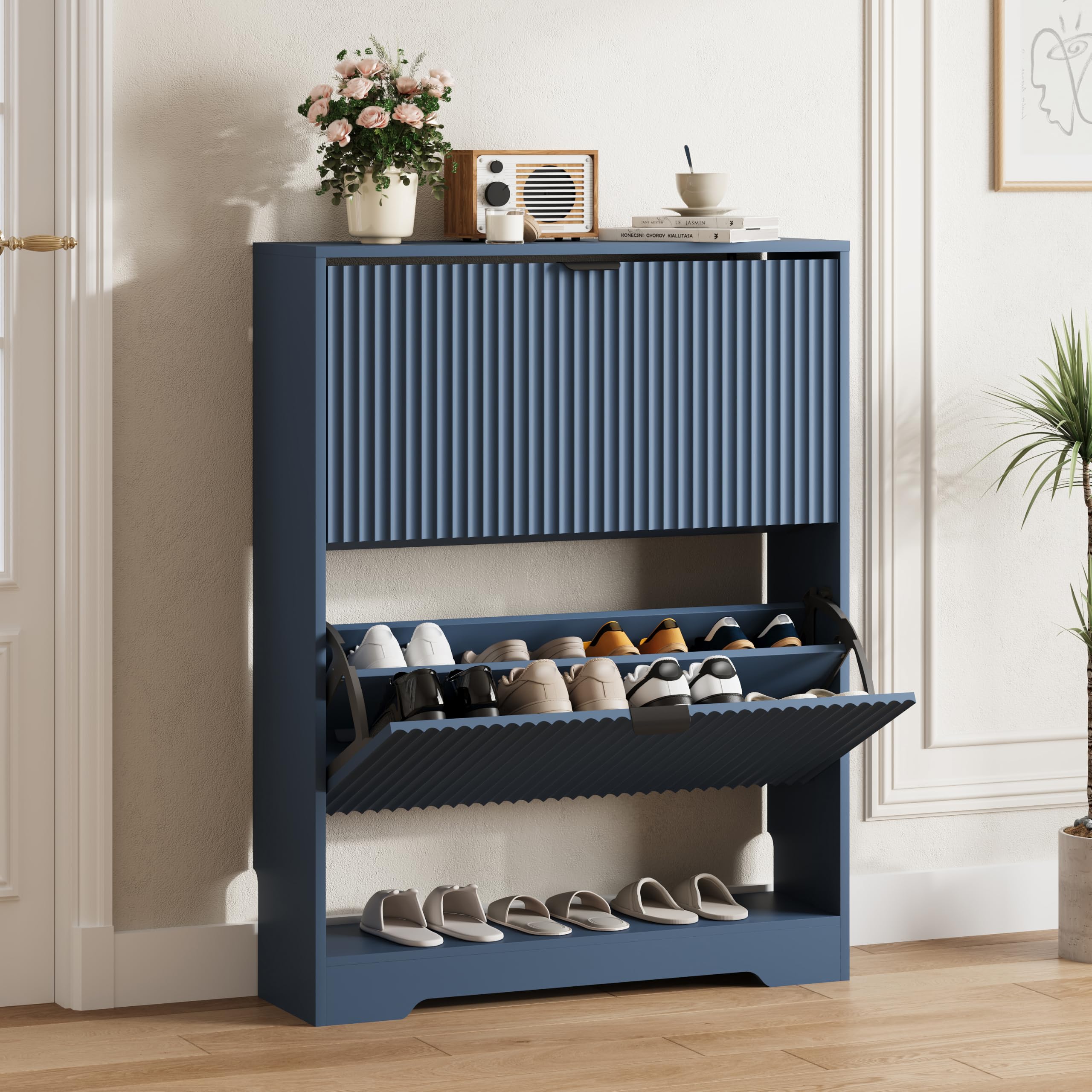 HUANLEGO Shoe Cabinet Storage for Entryway with 2 Flip Drawer, Blue