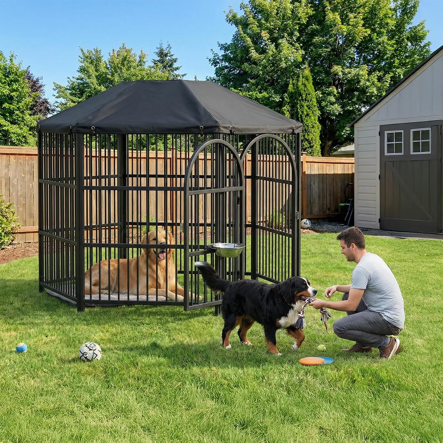 Heavy Duty Outdoor Dog Kennel with Waterproof Roof, Galvanized Metal Dog Crate Outside Enclosure, Hexagonal Pet Playpen with Lock for Large Dogs, 4.7x4.2x4 FT, Black