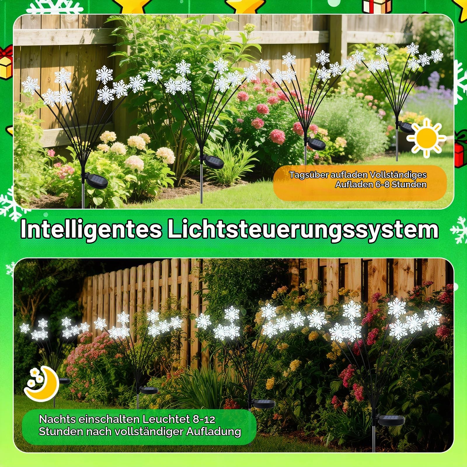 Qoosea Solarleuchten für Außen Garten, 4 Stück Solar Weihnachtsbeleuchtung mit 32 Schneeflocken, Wasserdicht Solarlampen Außen Gartenbeleuchtung Weihnachtsdeko für Weg Hof Garten Deko
