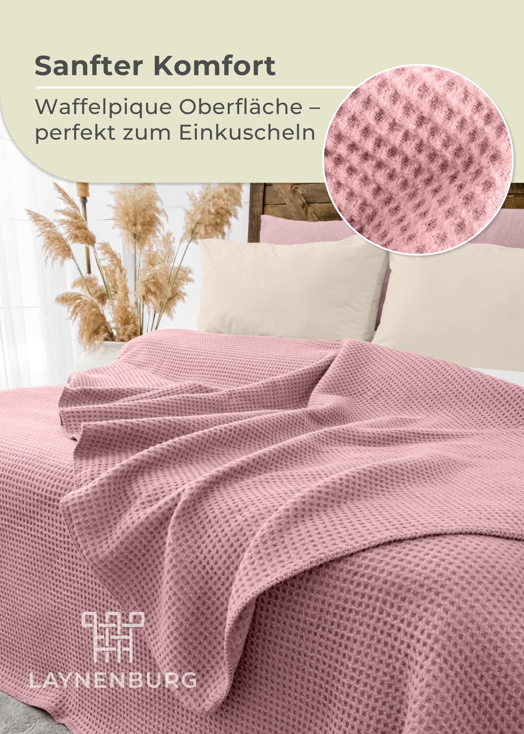 LAYNENBURG Premium Katoenen deken 150 x 200 cm, Oeko-Tex 100, katoenmix, knuffeldeken, deken als woondeken, bankdeken en bankdeken, wollen deken, behaaglijk, warm, van katoen, eucalyptus