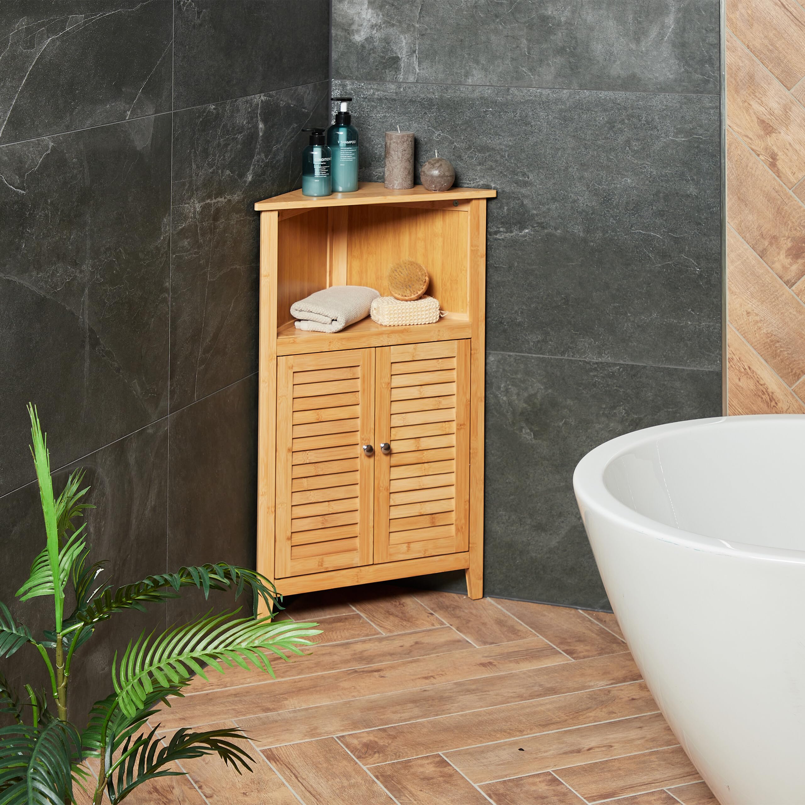 Relaxdays Mobile Angolare Bagno, Armadietto in bambù da Terra, HLP: 92x58x30 cm, Mobiletto a 2 Ante da Cucina, Marrone