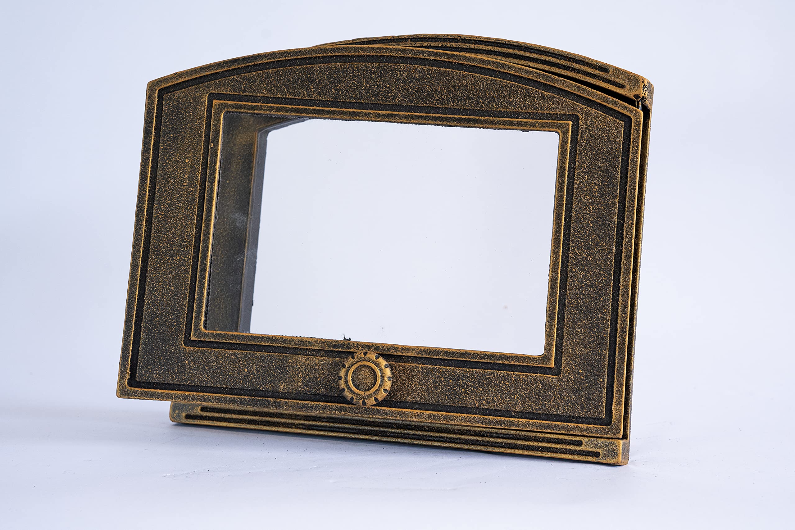 SEZAM Backofentür aus Gusseisen mit hitzebeständiger Glasscheibe, nach rechts öffnend, Pizzaofentür - Brotofen - Steinofentür, 37 x 6 x 31,5 cm - halbrund, altgoldfarbene Bemalung