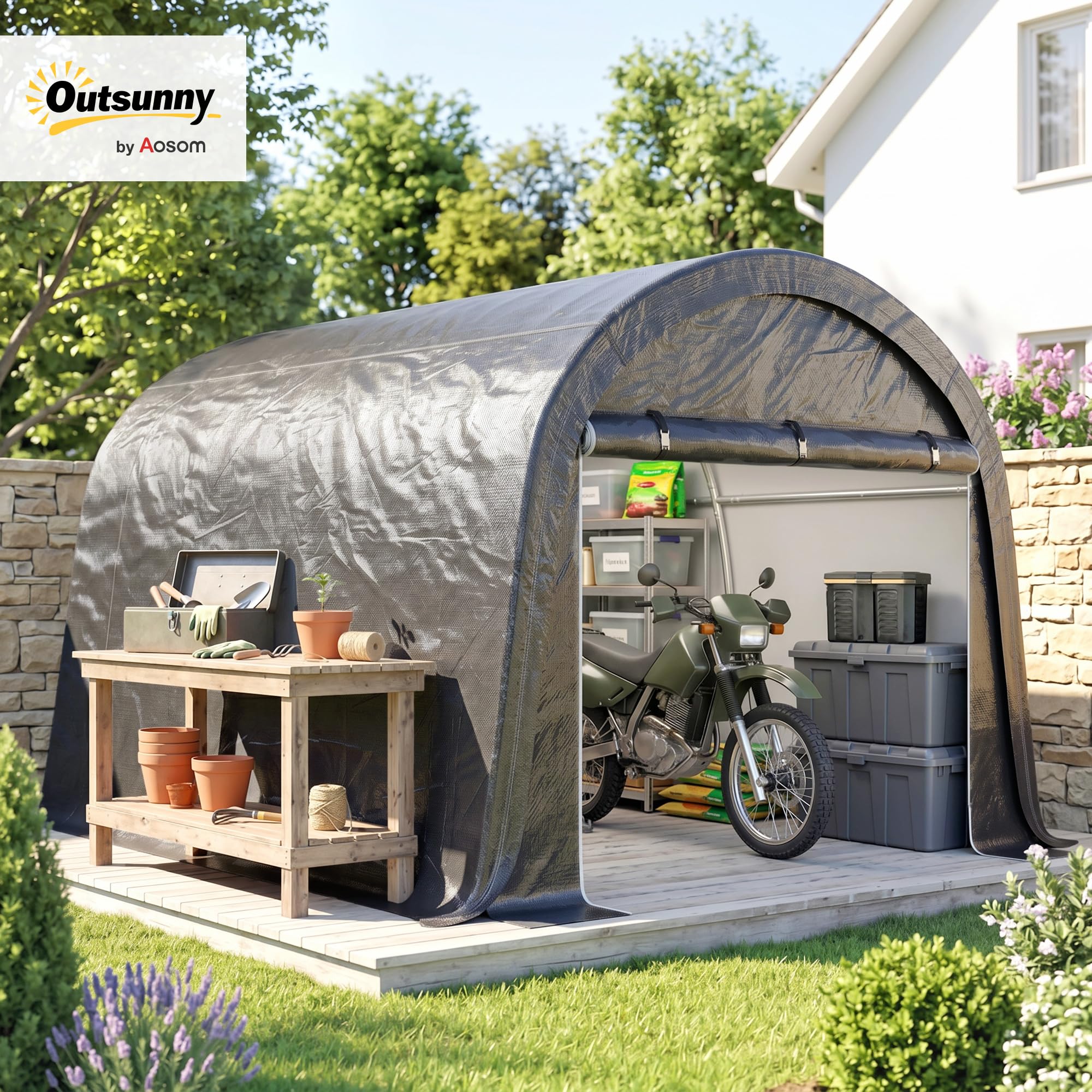 Outsunny 3x3m Garage Moto per Esterno, Tenda Garage con Copertura Rinforzata Impermeabile, 2 Ingressi a Zip, per Biciclette e Attrezzi in Acciaio Zincato, Tenda per Biciclette da Giardino, Grigio