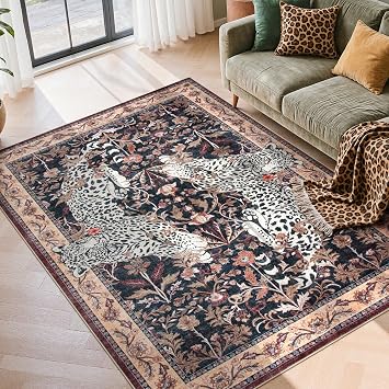 Moynesa Leopard Washable Area Rugs for Living Room, 5x7 Vintage Soft Rug for Bedroom, Non Slip Boho Ultra Thin Large Stain Resistant Throw Rug for Dining Guest Room, Puce Red