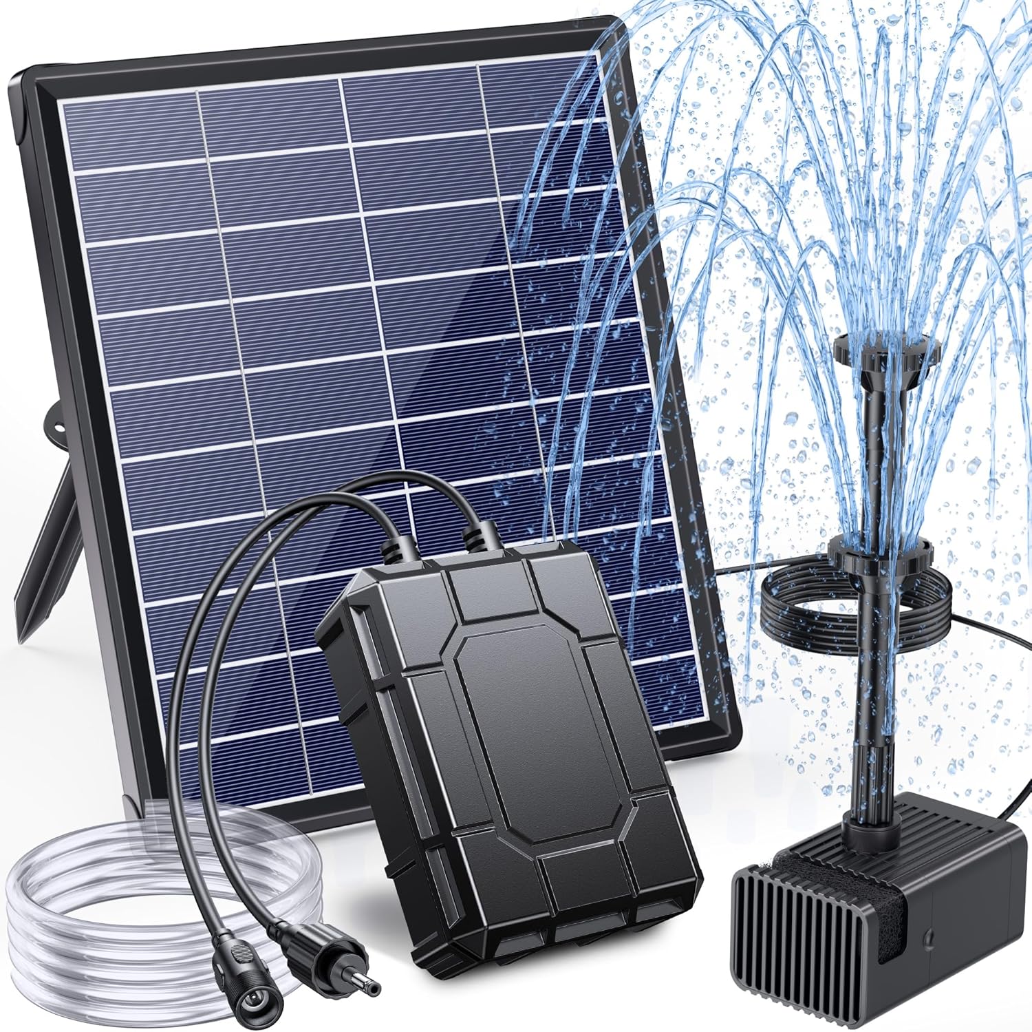 POPOSOAP Modern Black 6W Solar Bird Bath Fountain Pump with 1800mAh Battery Backup, 60GPH, 5 Nozzles, 9.84ft Cable, 4ft Tubing