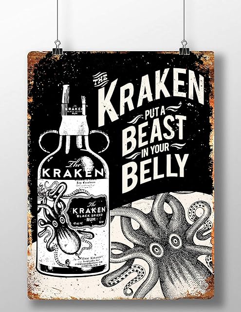 BigBazza Novelty Retro Vintage Wall tin Plaque 20x15cm - Ideal for Pub shed Bar Office Man Cave Home Bedroom Dining Room Kitchen Gift - Kraken Rum Belly Beast drink Drinking Metal Sign