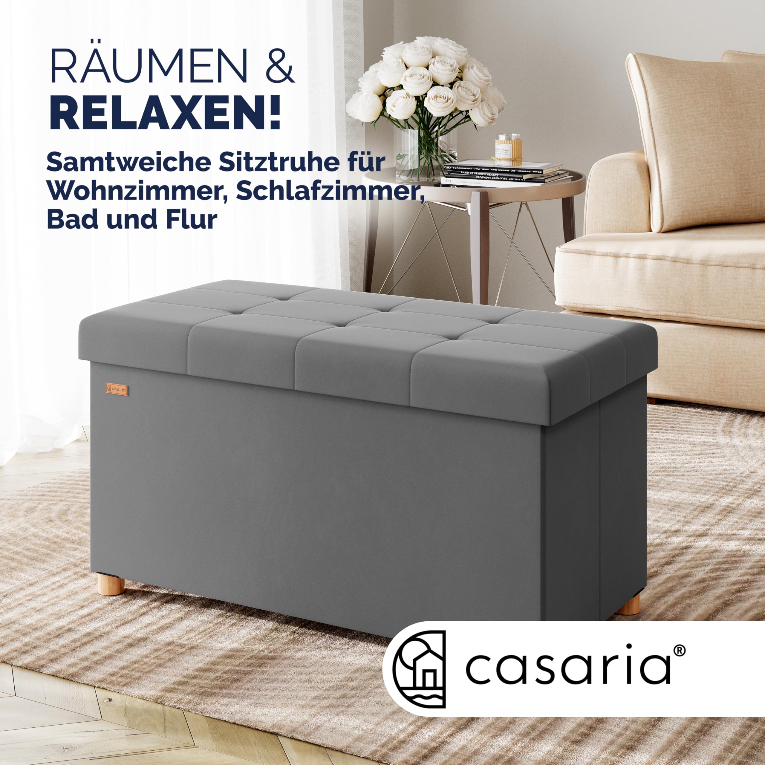 Casaria® Sitzbank mit Stauraum Anthrazit Samt mit Holzfüßen Faltbar Sitzbank 300kg Belastbar 76cm Truhe Wohnzimmer Schlafzimmer Flur Truhenbank Bank