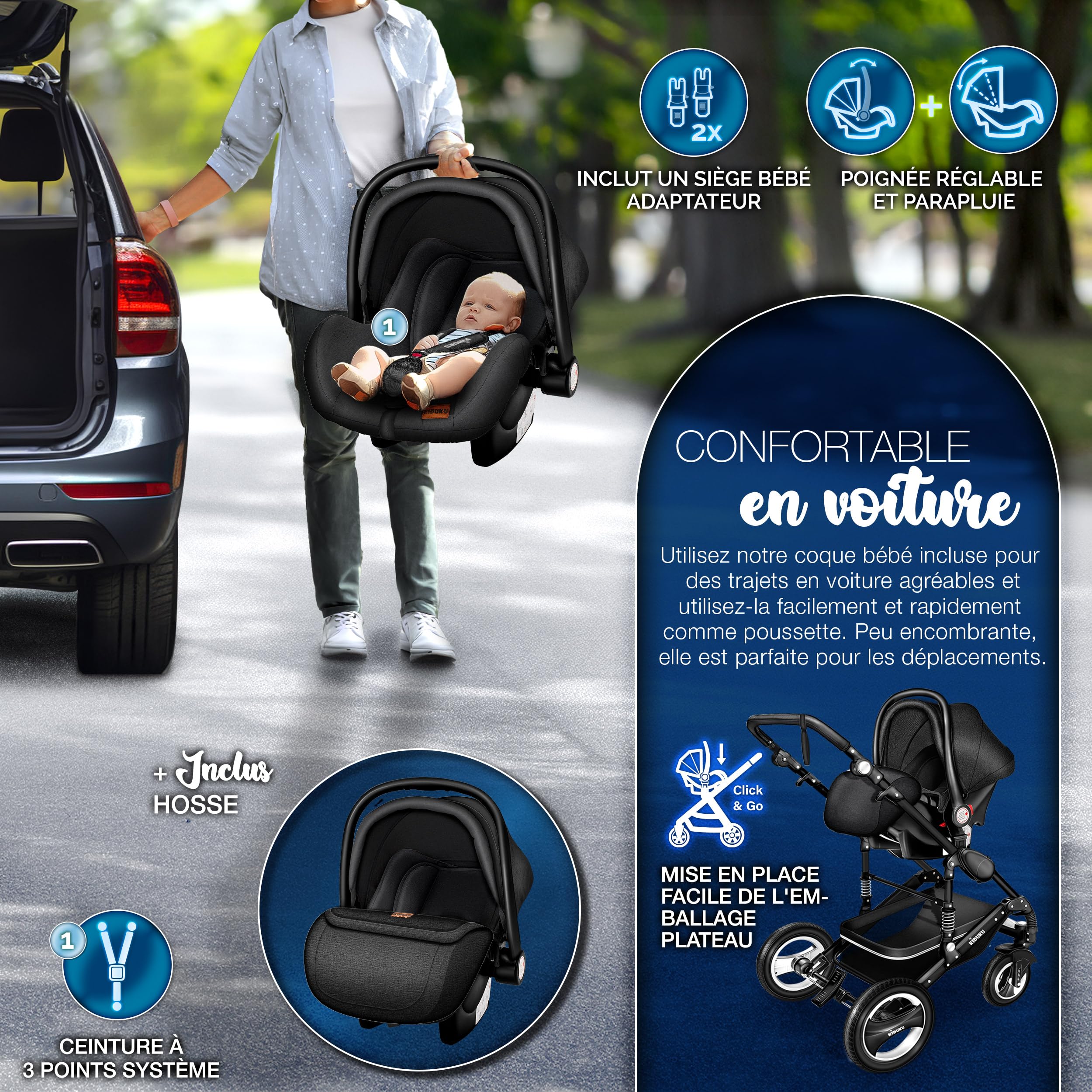 KIDUKU Poussette Combinée 3 en 1 Trio Siège Auto Légère Pliable Nacelle Souple Convertible Set de Voyage Noir