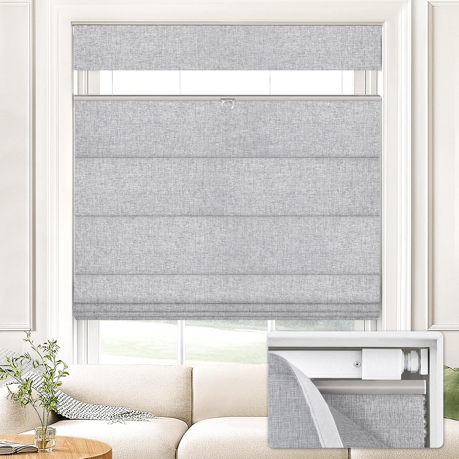 No Drill Top Down Bottom Up Roman Shades for Windows, 34" W x 64" H, Grey Grey 34" W x 64" H
