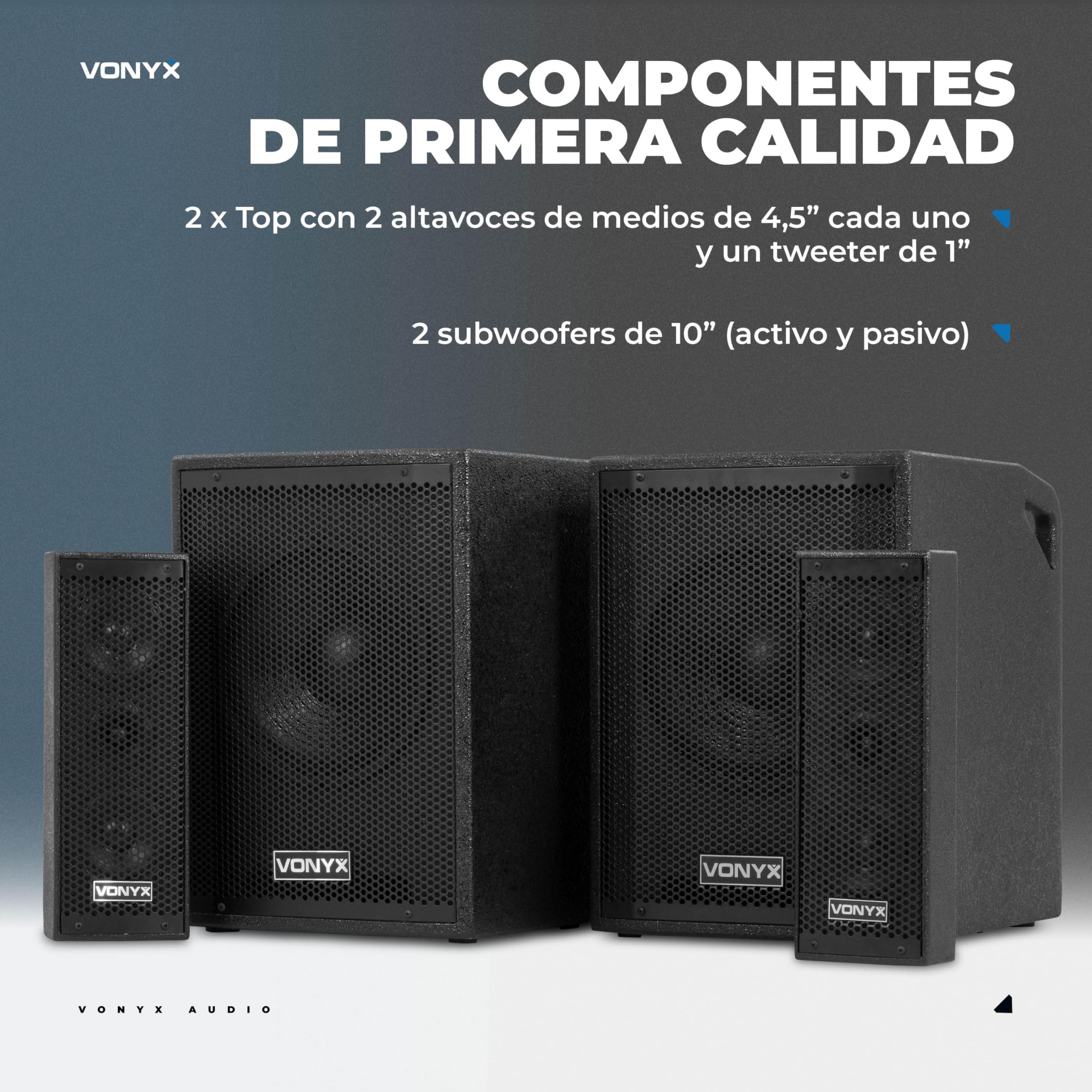 Vonyx VX1020BT – Sistema 2.2 Activo 1050W con Bluetooth, USB, SD, Doble subwoofer 10”, Micro, Trolley, Funda y Soportes, Equipo de Sonido Profesional para Eventos, Fiestas y DJ, Color Negro