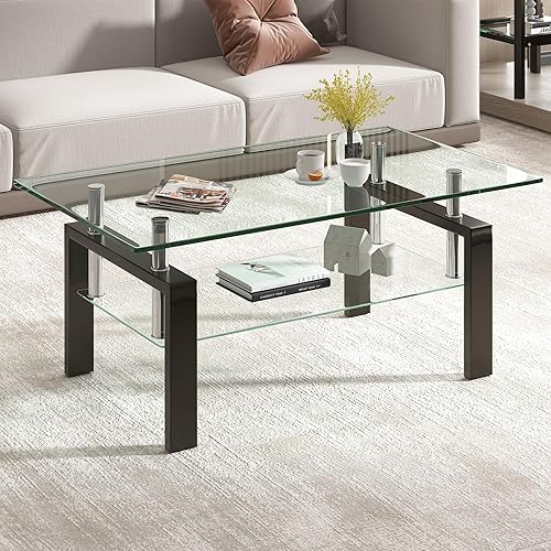 Moderna mesa auxiliar rectangular de vidrio de 2 niveles, mesa de té de vidrio templado transparente para sala de estar, 39.4 x 23.7 x 17.68