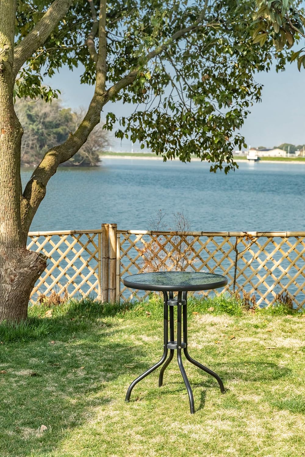 24" Outdoor Bistro Table Patio Dining Table Round Side Table Coffee Table Furniture with Metal Frame Water Ripple Glass Top : Patio, Lawn & Garden