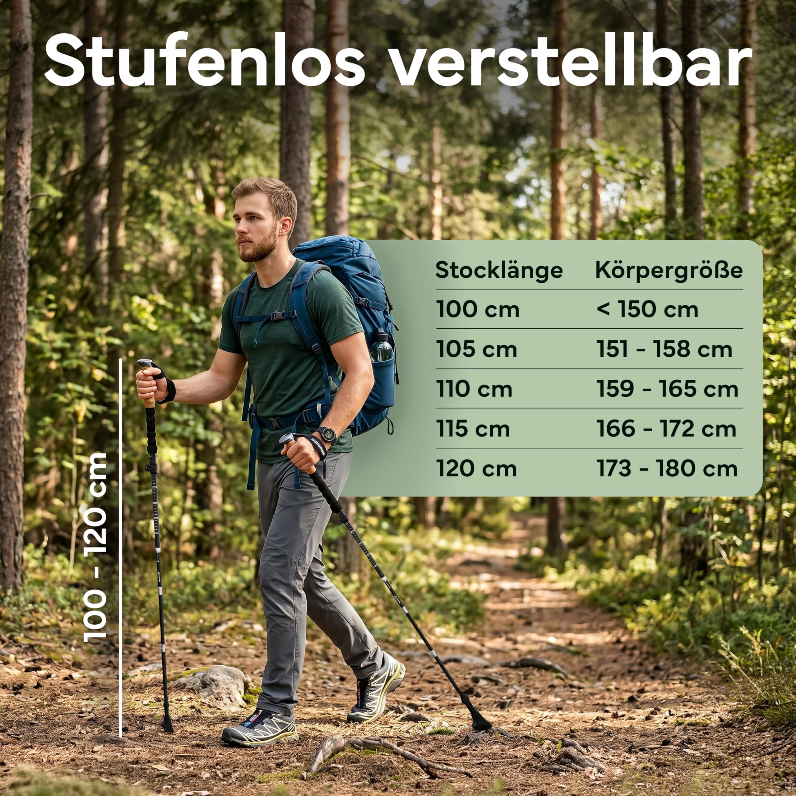 Wanderstöcke faltbar - Carbon & Aluminium für Damen & Herren - Ultraleichte Trekkingstöcke mit Korkgriff & Wolframspitze - Nordic Walking Stöcke mit Gummipuffer - Trekkingstöcke faltbar