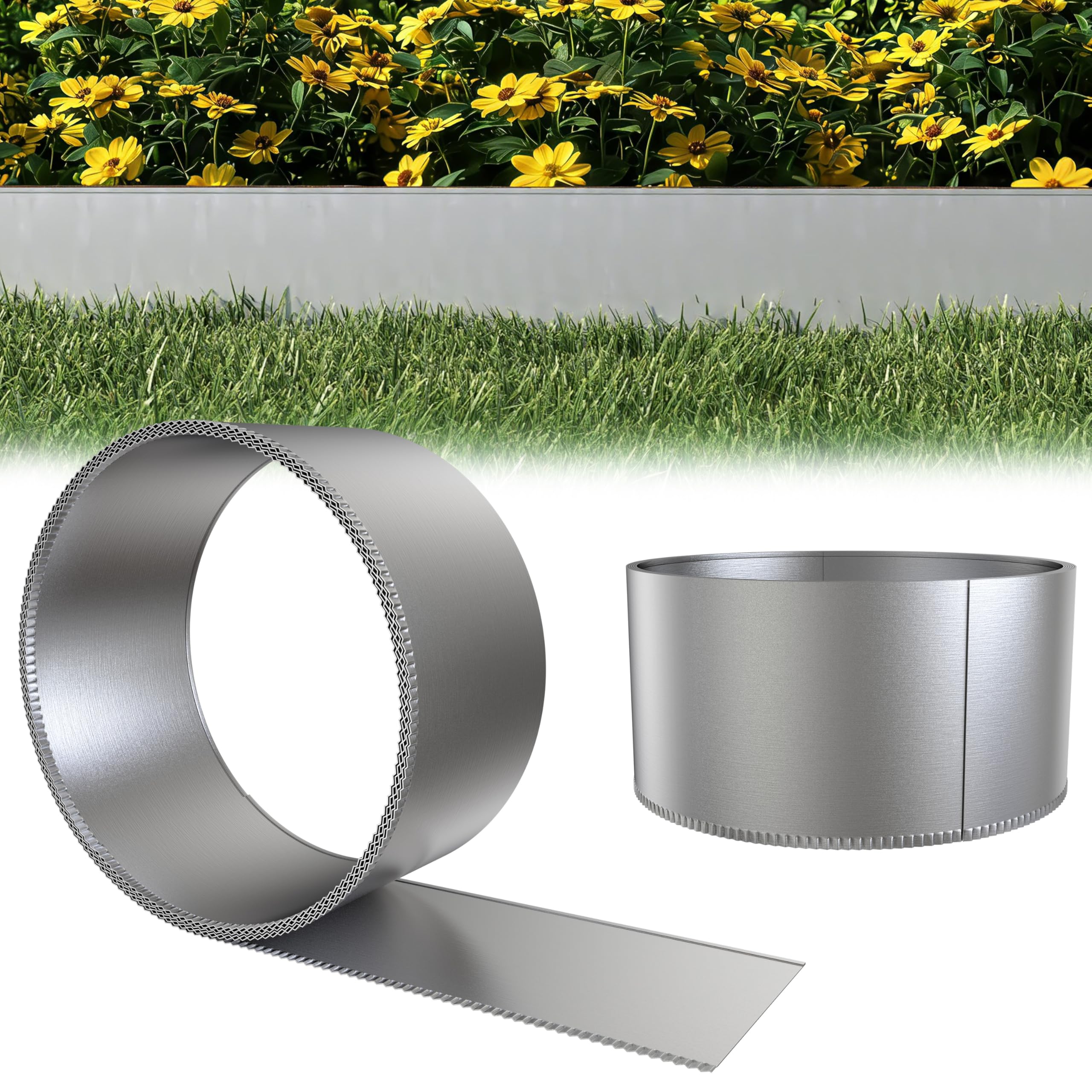 Aufun Metal Garden Border Edging - Rustproof No Dig Lawn Edging Strip, Weatherproof Landscape Divider for Flower Beds & Paths,15CM x 15M, Galvanized